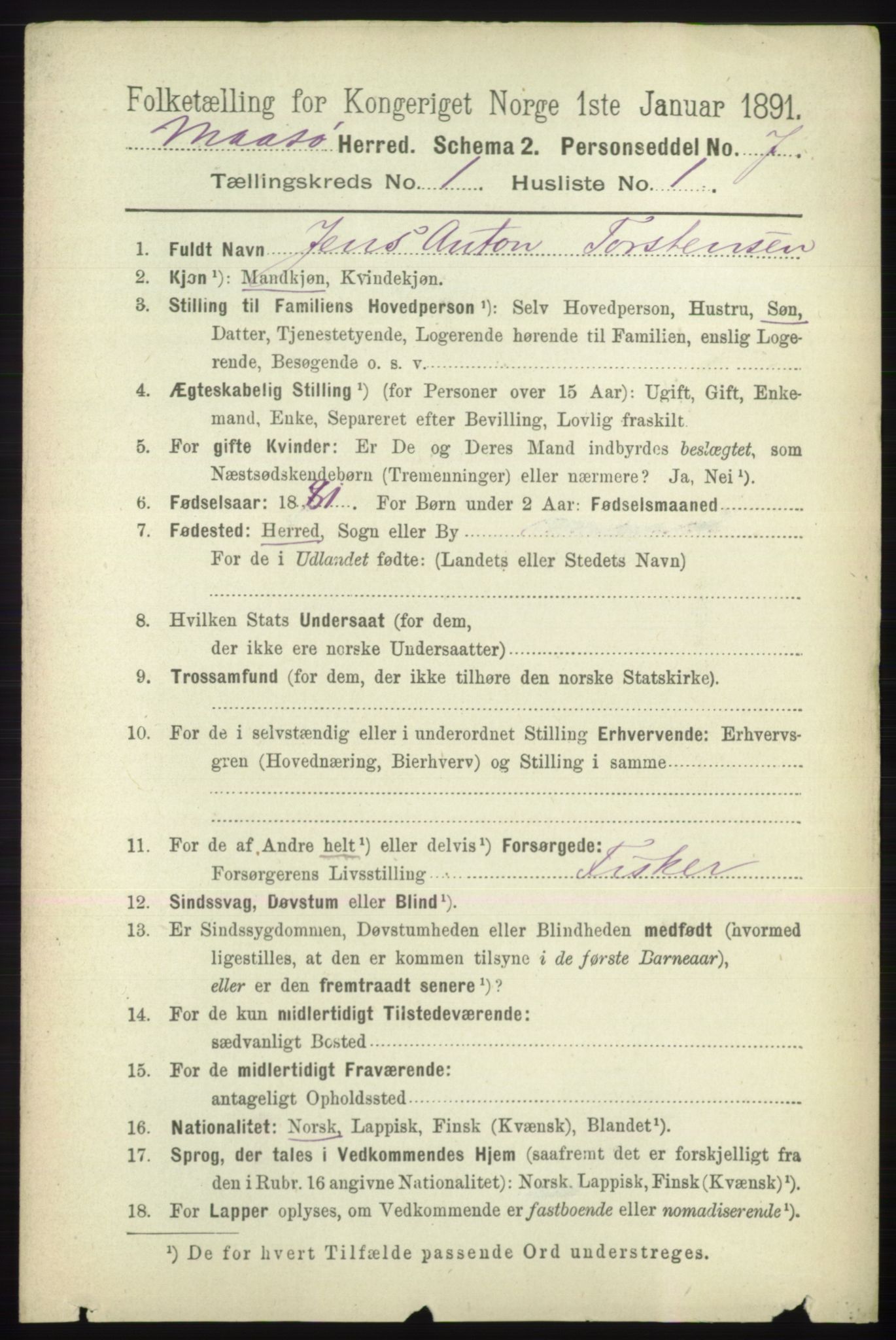 RA, 1891 census for 2018 Måsøy, 1891, p. 61