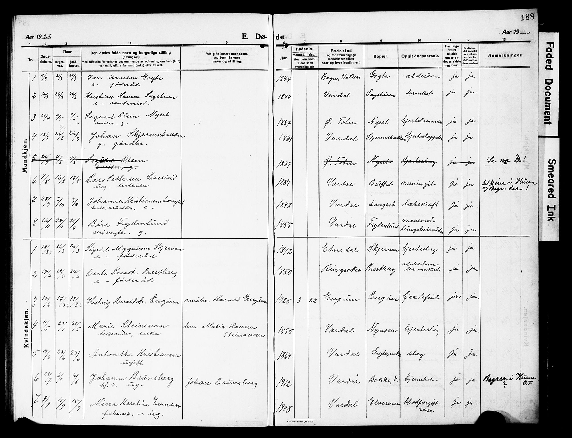Vardal prestekontor, SAH/PREST-100/H/Ha/Hab/L0015: Parish register (copy) no. 15, 1914-1931, p. 188