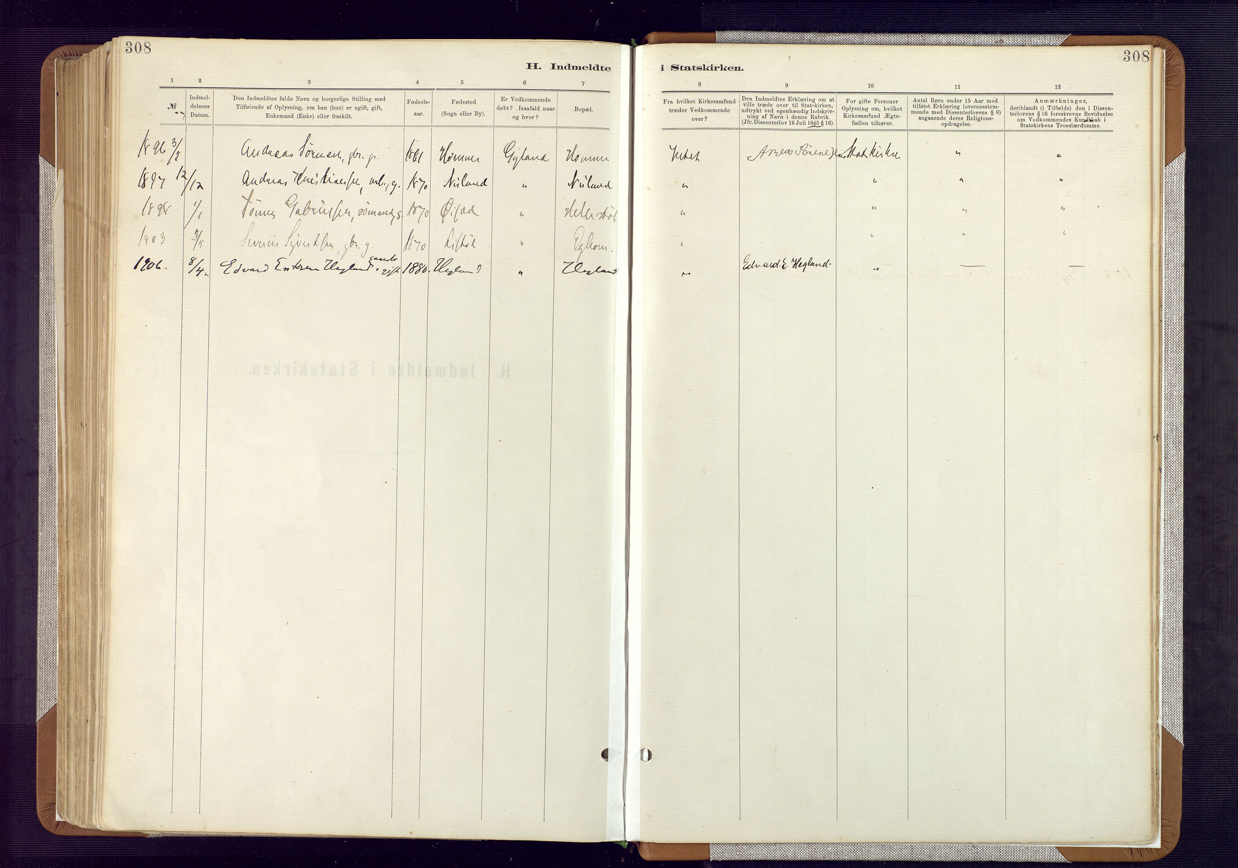 Bakke sokneprestkontor, SAK/1111-0002/F/Fa/Fab/L0003: Parish register (official) no. A 3, 1884-1921, p. 308