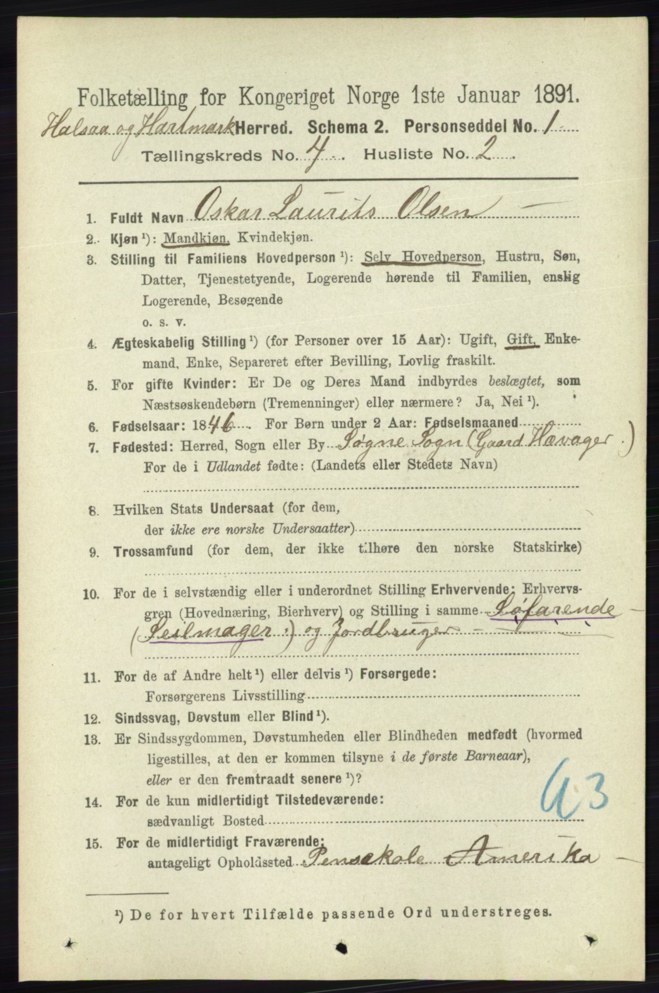 RA, 1891 census for 1019 Halse og Harkmark, 1891, p. 1498