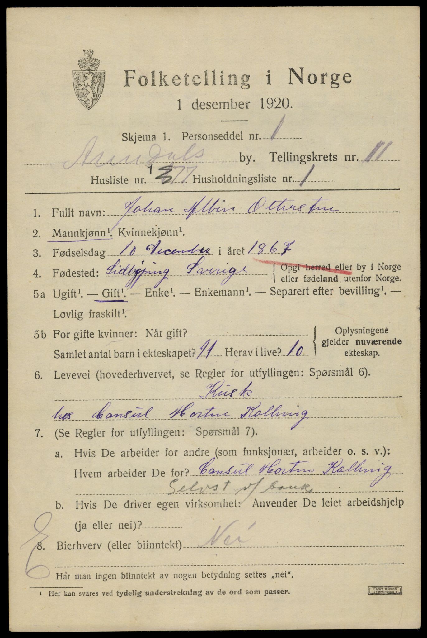 SAK, 1920 census for Arendal, 1920, p. 18118