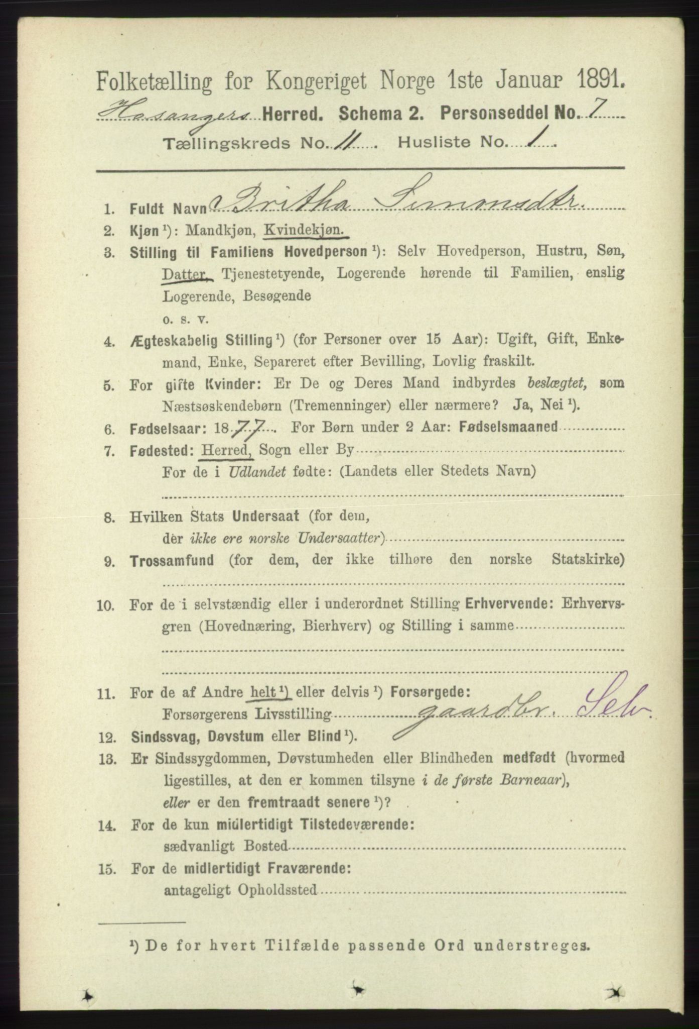 RA, 1891 census for 1253 Hosanger, 1891, p. 3698