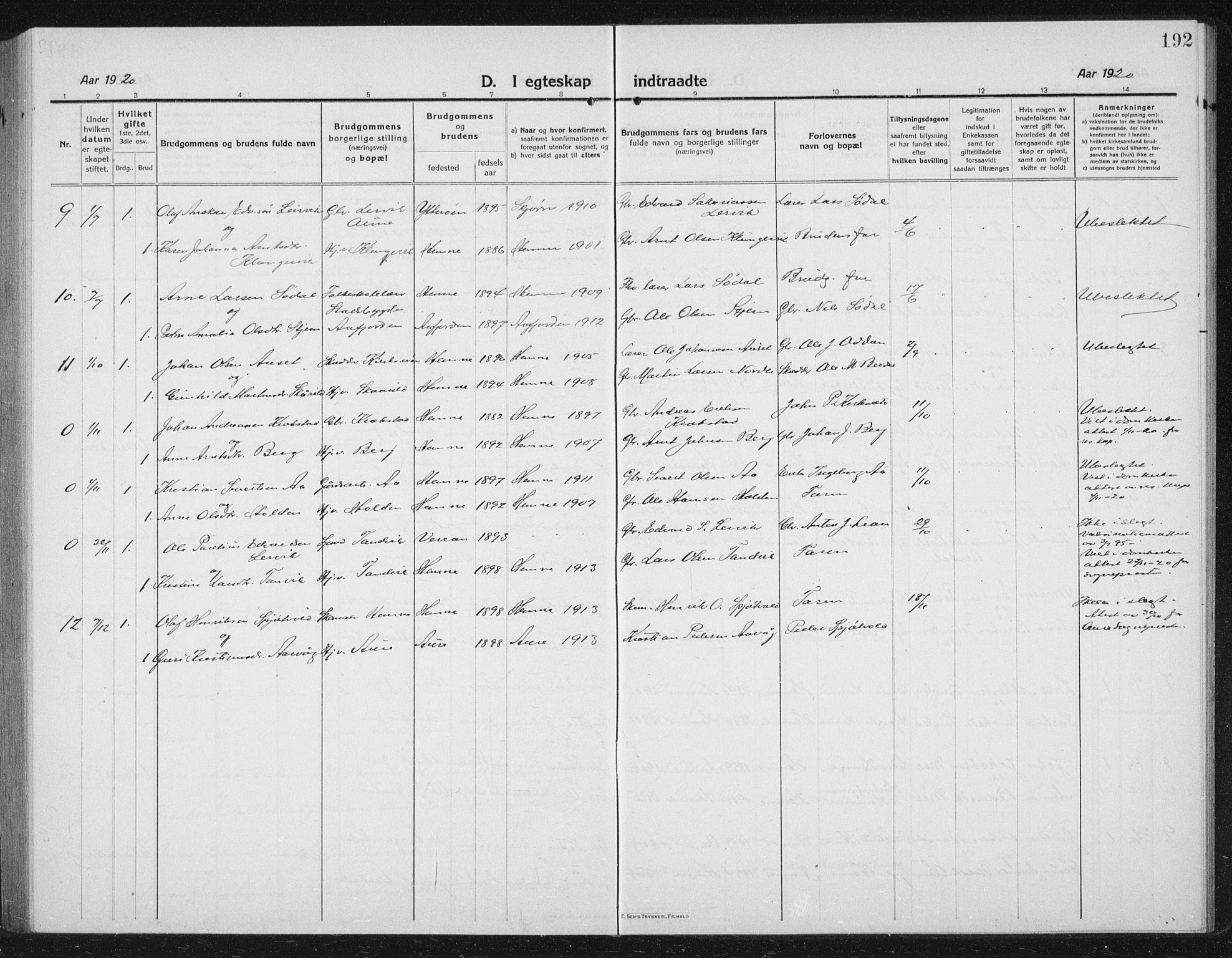 Ministerialprotokoller, klokkerbøker og fødselsregistre - Sør-Trøndelag, AV/SAT-A-1456/630/L0506: Parish register (copy) no. 630C04, 1914-1933, p. 192