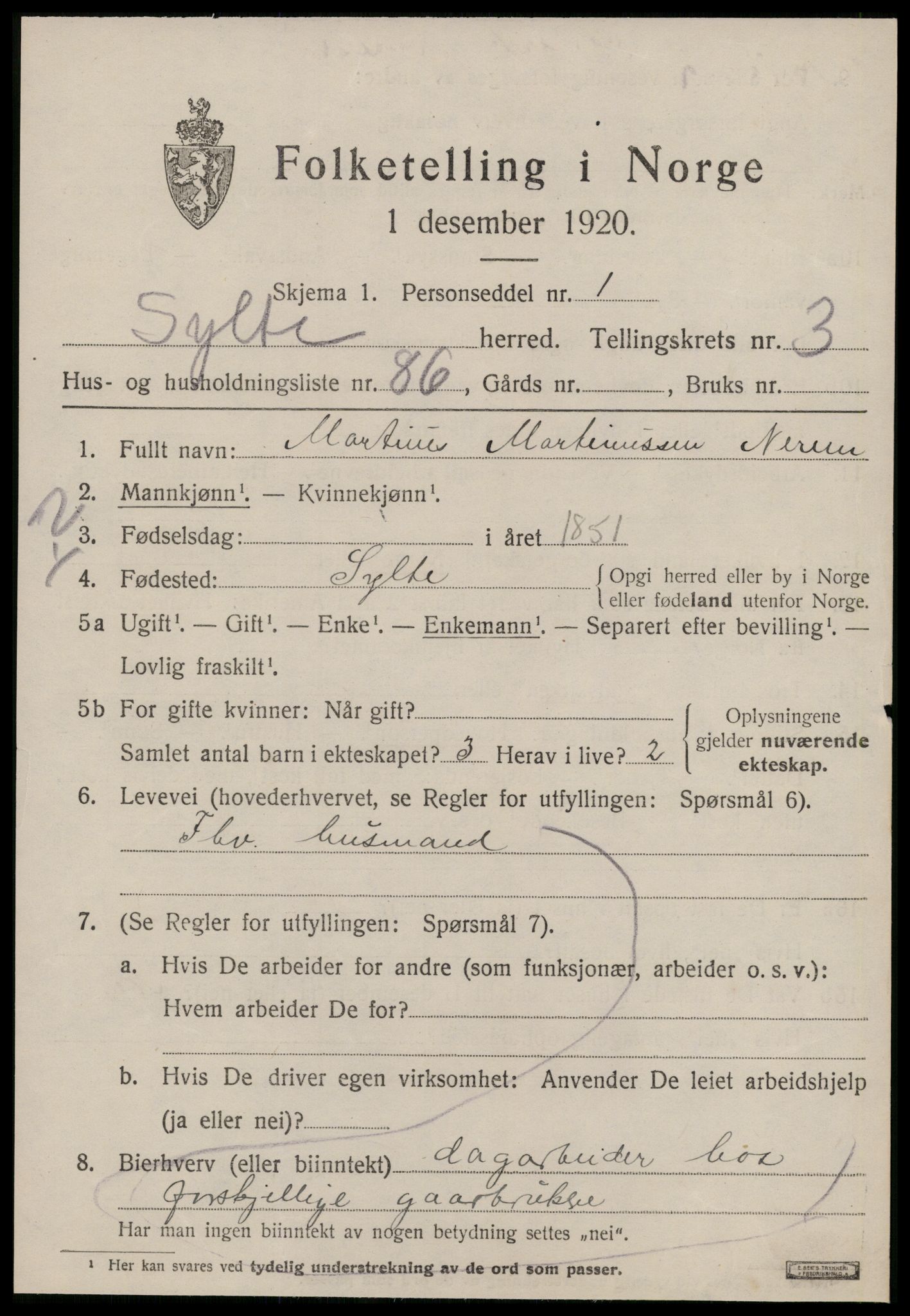 SAT, 1920 census for Sylte, 1920, p. 2607