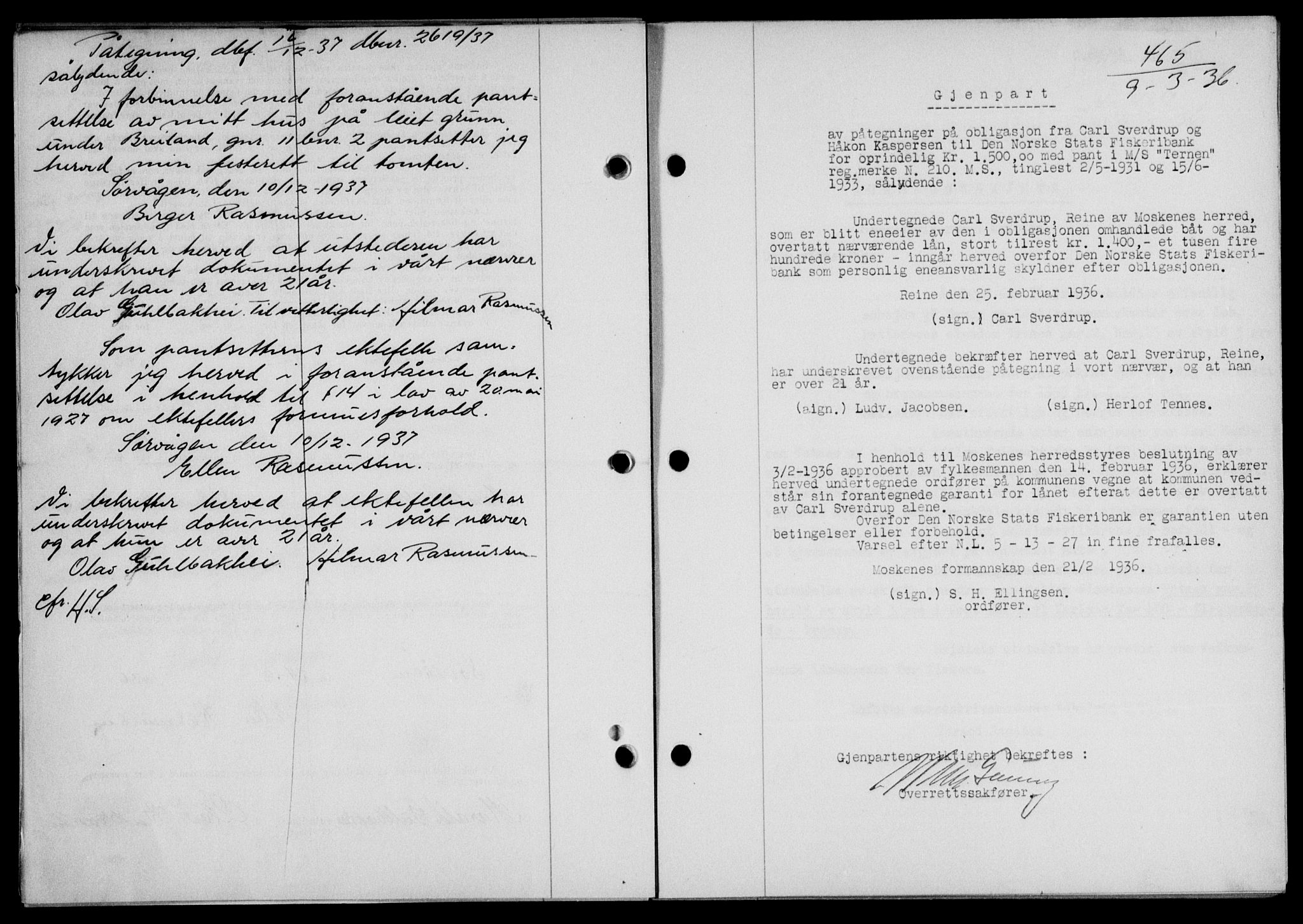 Lofoten sorenskriveri, SAT/A-0017/1/2/2C/L0033b: Mortgage book no. 33b, 1936-1936, Diary no: : 465/1936