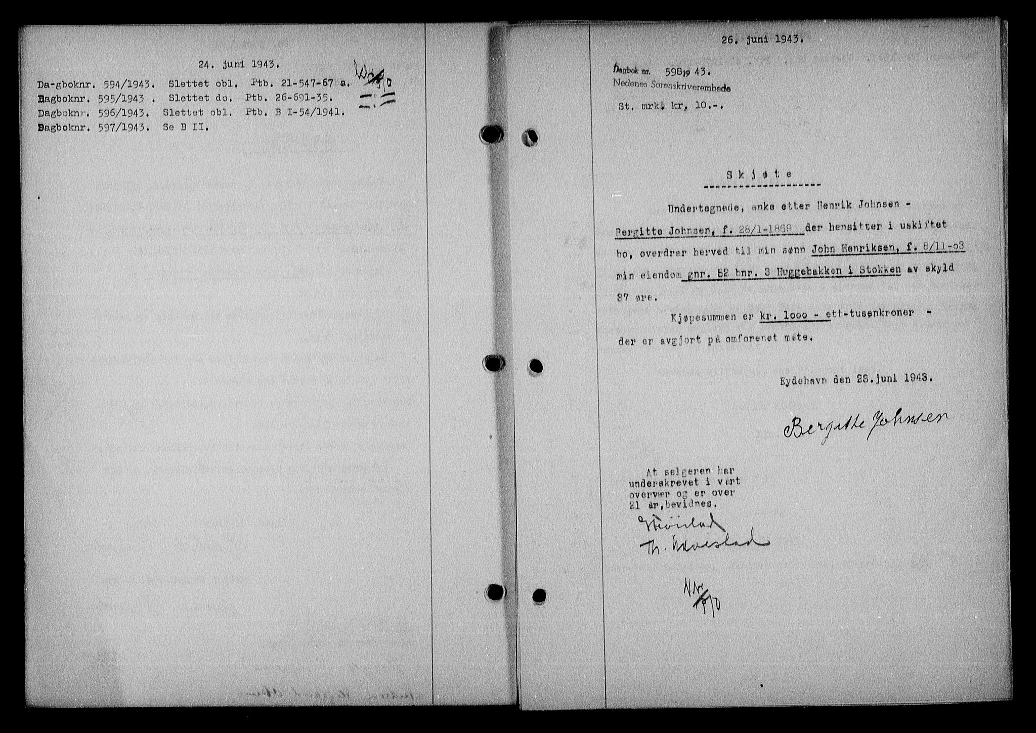 Nedenes sorenskriveri, SAK/1221-0006/G/Gb/Gba/L0050: Mortgage book no. A-IV, 1942-1943, Diary no: : 598/1943