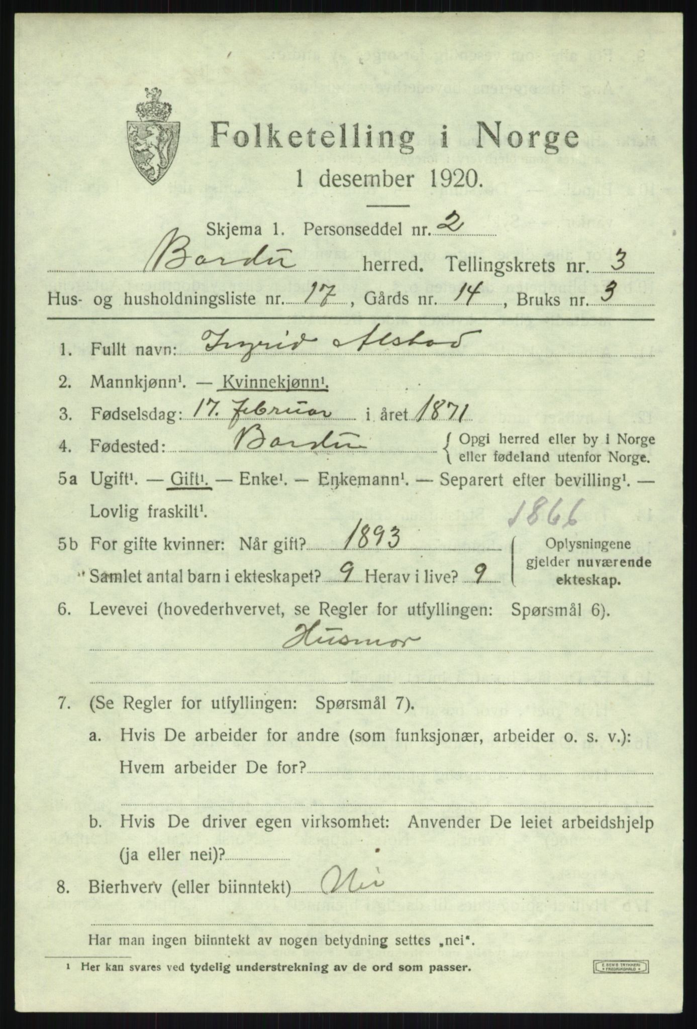 SATØ, 1920 census for Bardu, 1920, p. 1425