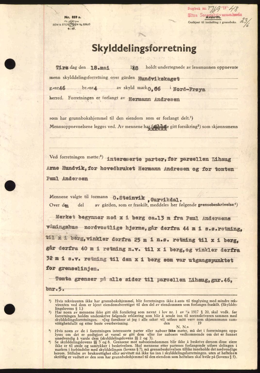 Hitra sorenskriveri, AV/SAT-A-0018/2/2C/2Ca: Mortgage book no. A5, 1947-1948, Diary no: : 769/1948