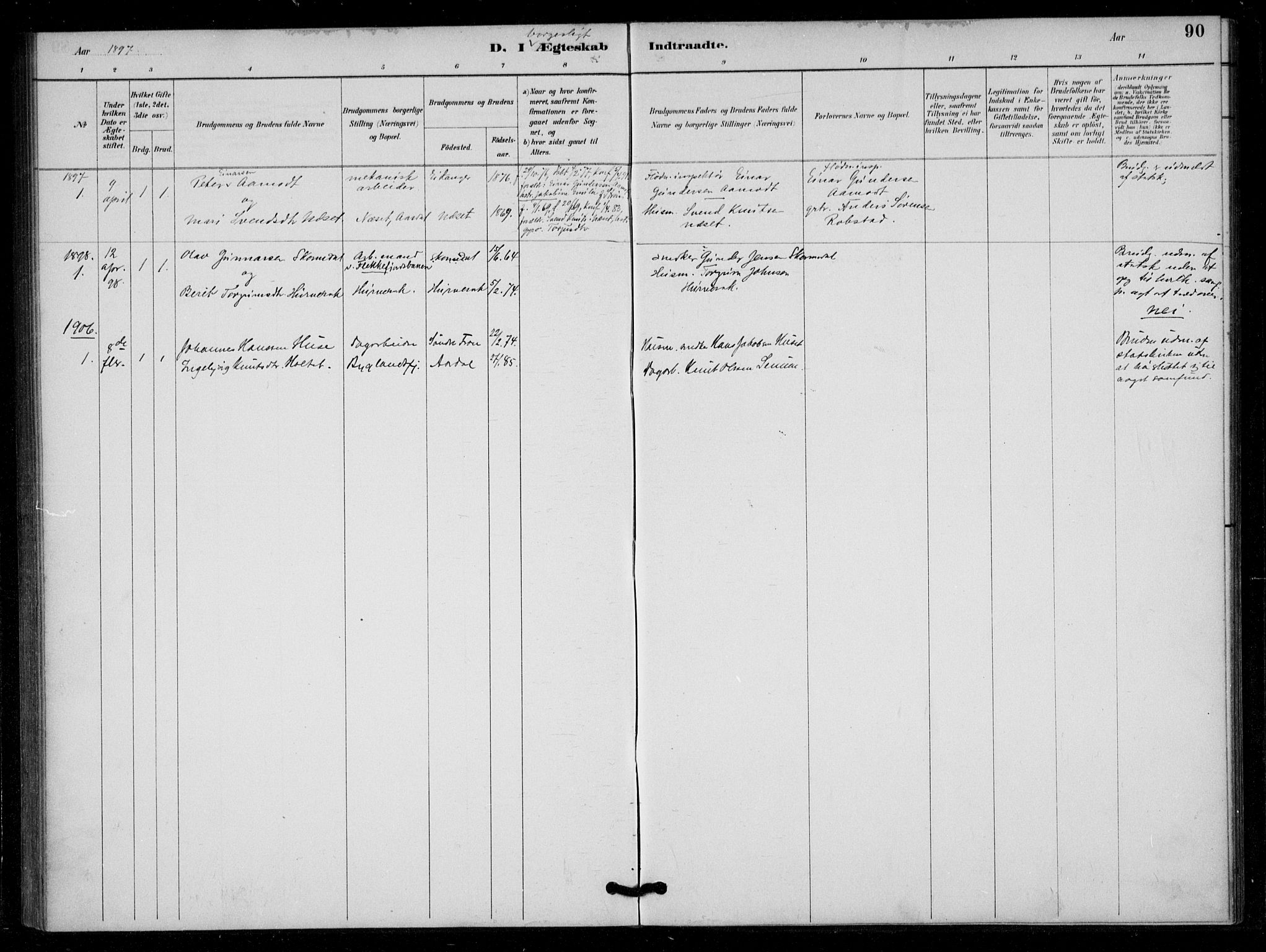 Bygland sokneprestkontor, SAK/1111-0006/F/Fa/Fad/L0001: Parish register (official) no. A 1, 1885-1906, p. 90