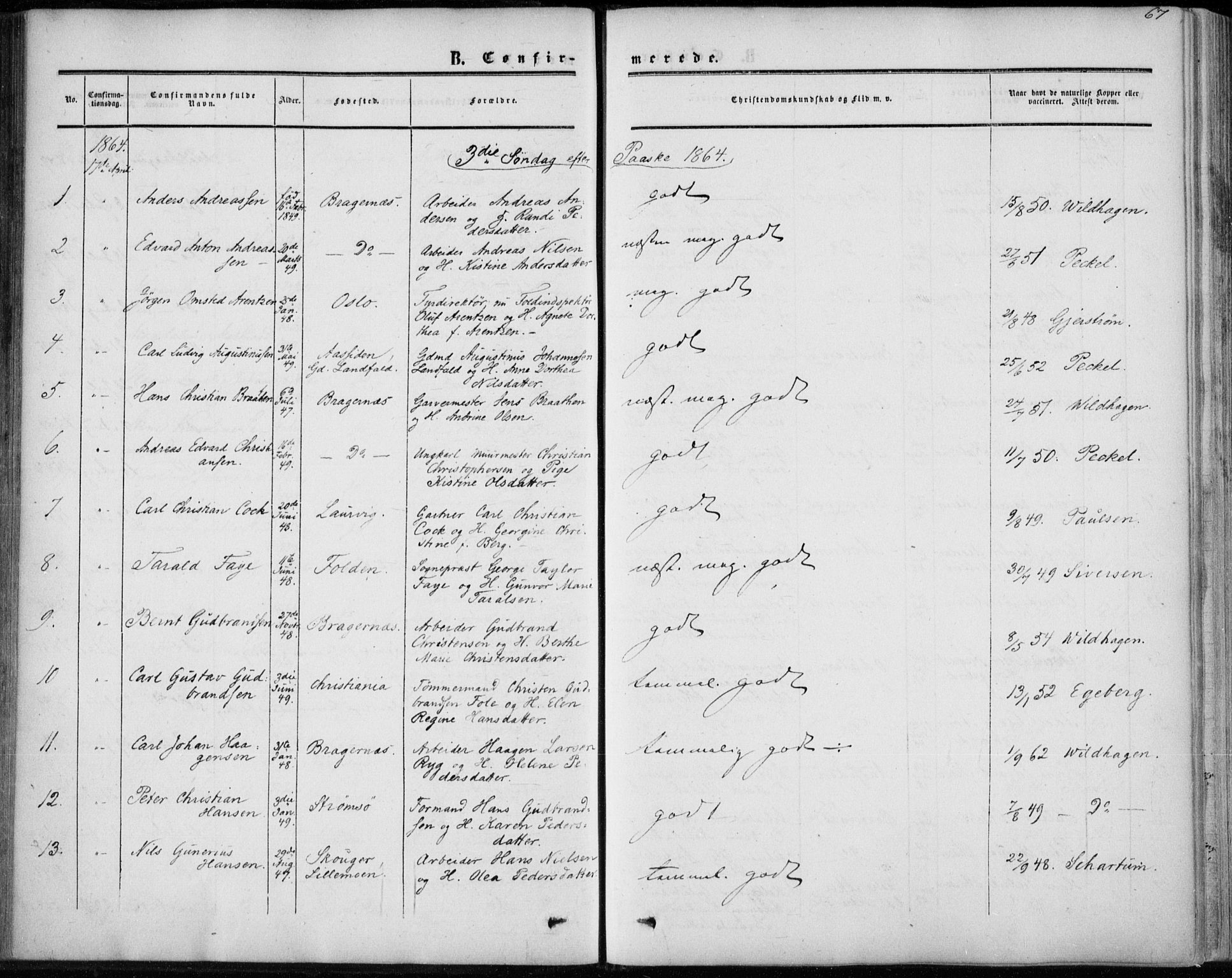 Bragernes kirkebøker, AV/SAKO-A-6/F/Fc/L0002: Parish register (official) no. III 2, 1854-1865, p. 67