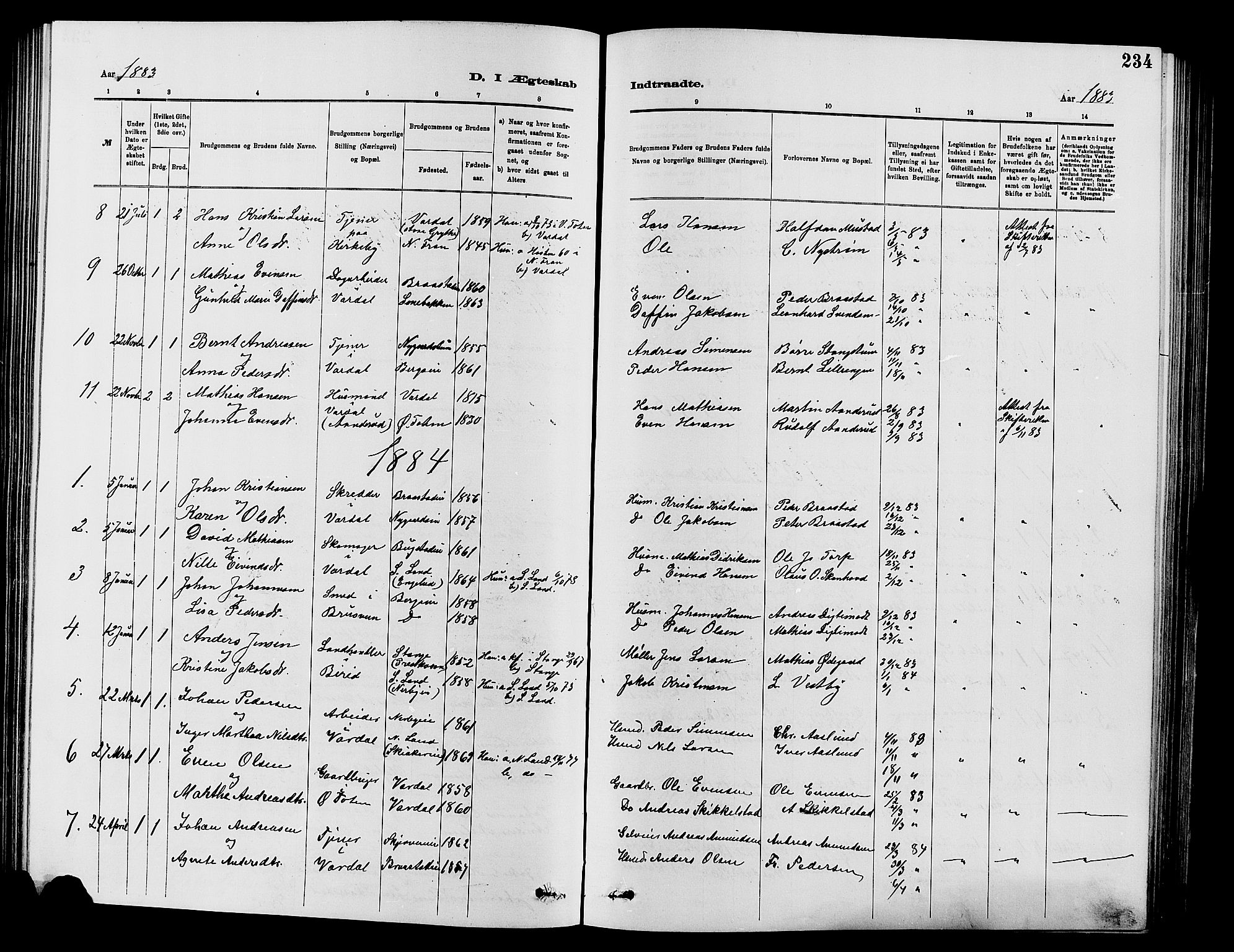 Vardal prestekontor, SAH/PREST-100/H/Ha/Hab/L0007: Parish register (copy) no. 7 /1, 1881-1895, p. 234