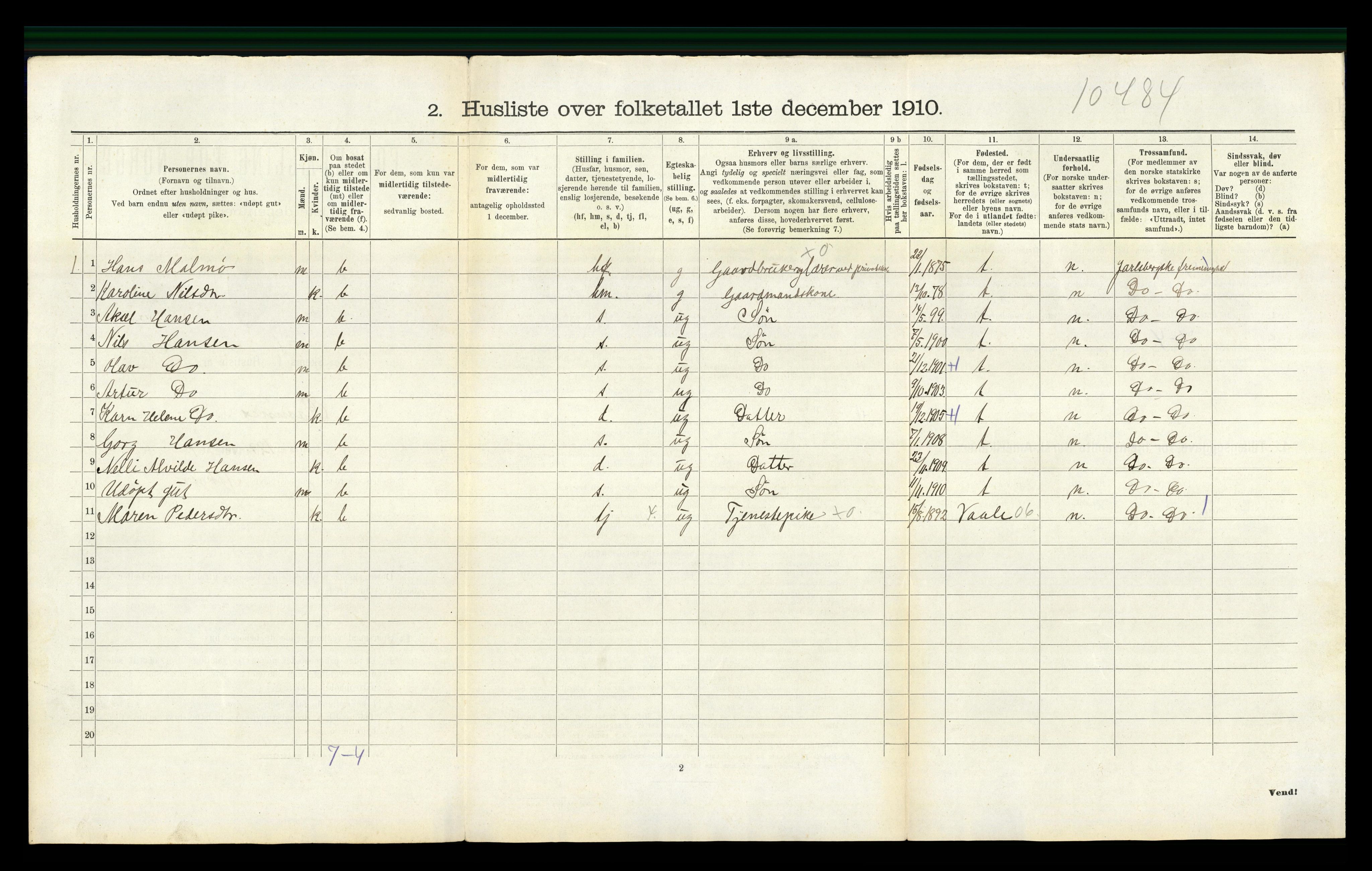 RA, 1910 census for Ramnes, 1910, p. 589