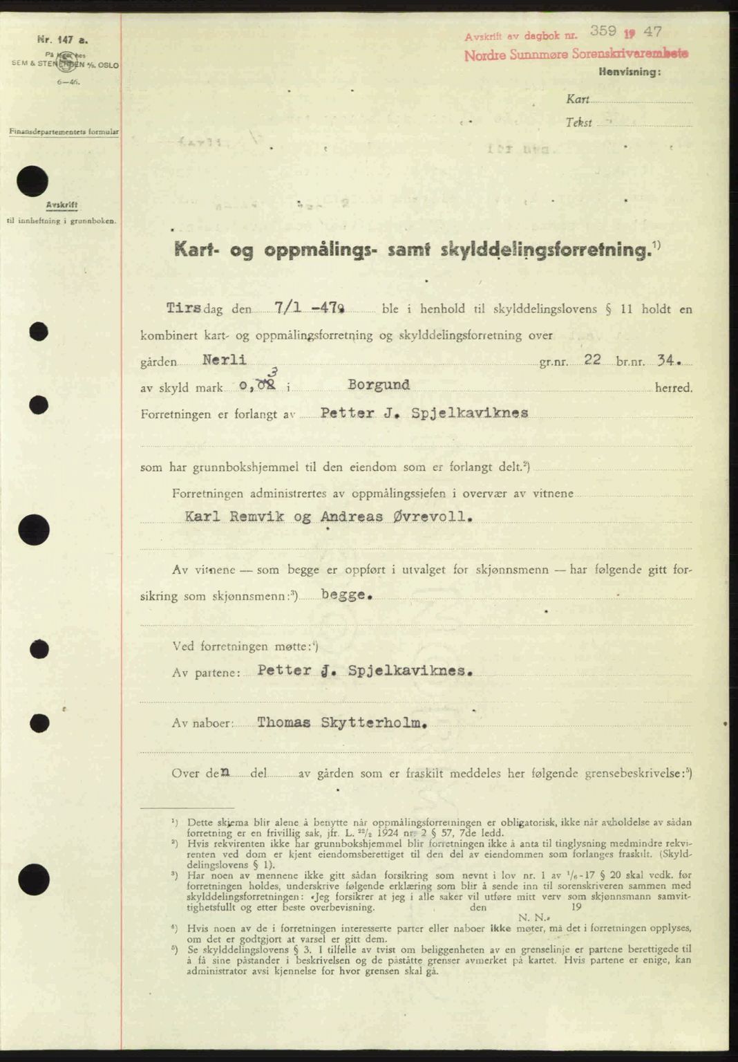 Nordre Sunnmøre sorenskriveri, AV/SAT-A-0006/1/2/2C/2Ca: Mortgage book no. A24, 1947-1947, Diary no: : 359/1947