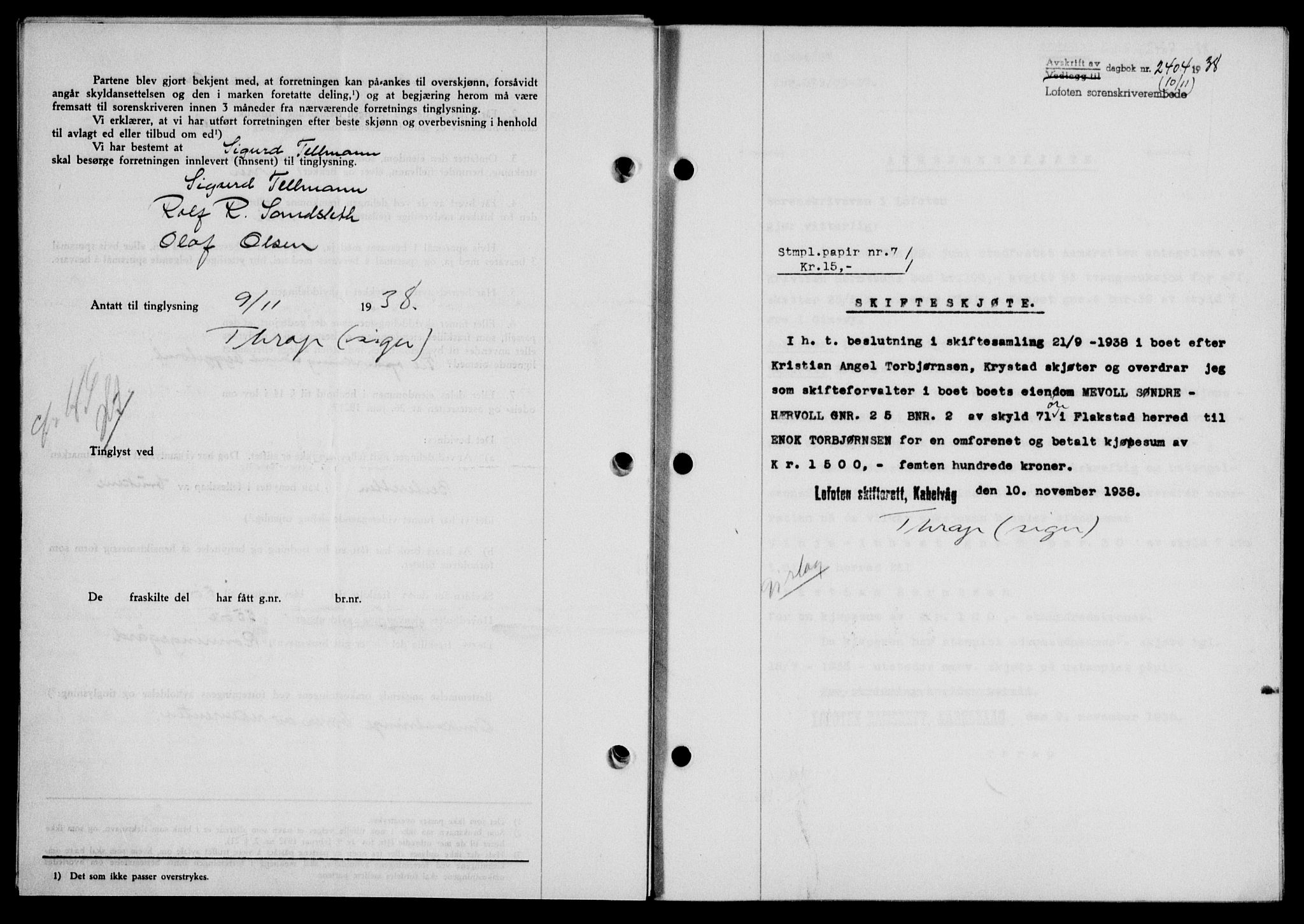 Lofoten sorenskriveri, SAT/A-0017/1/2/2C/L0004a: Mortgage book no. 4a, 1938-1938, Diary no: : 2404/1938