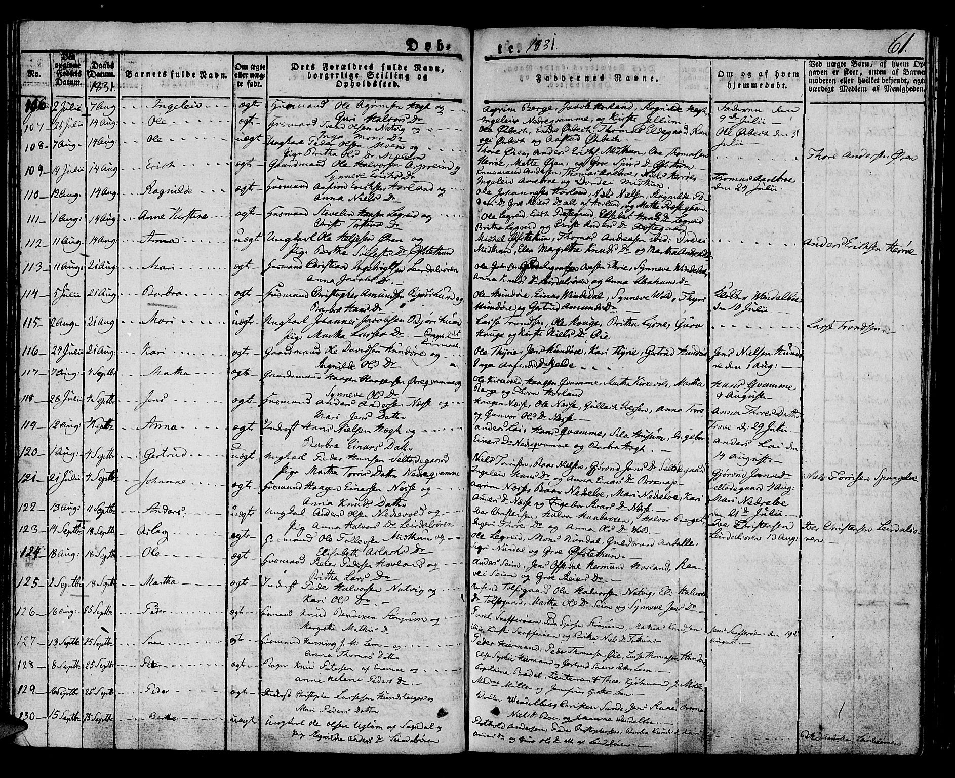 Lærdal sokneprestembete, SAB/A-81201: Parish register (official) no. A 5, 1822-1834, p. 61