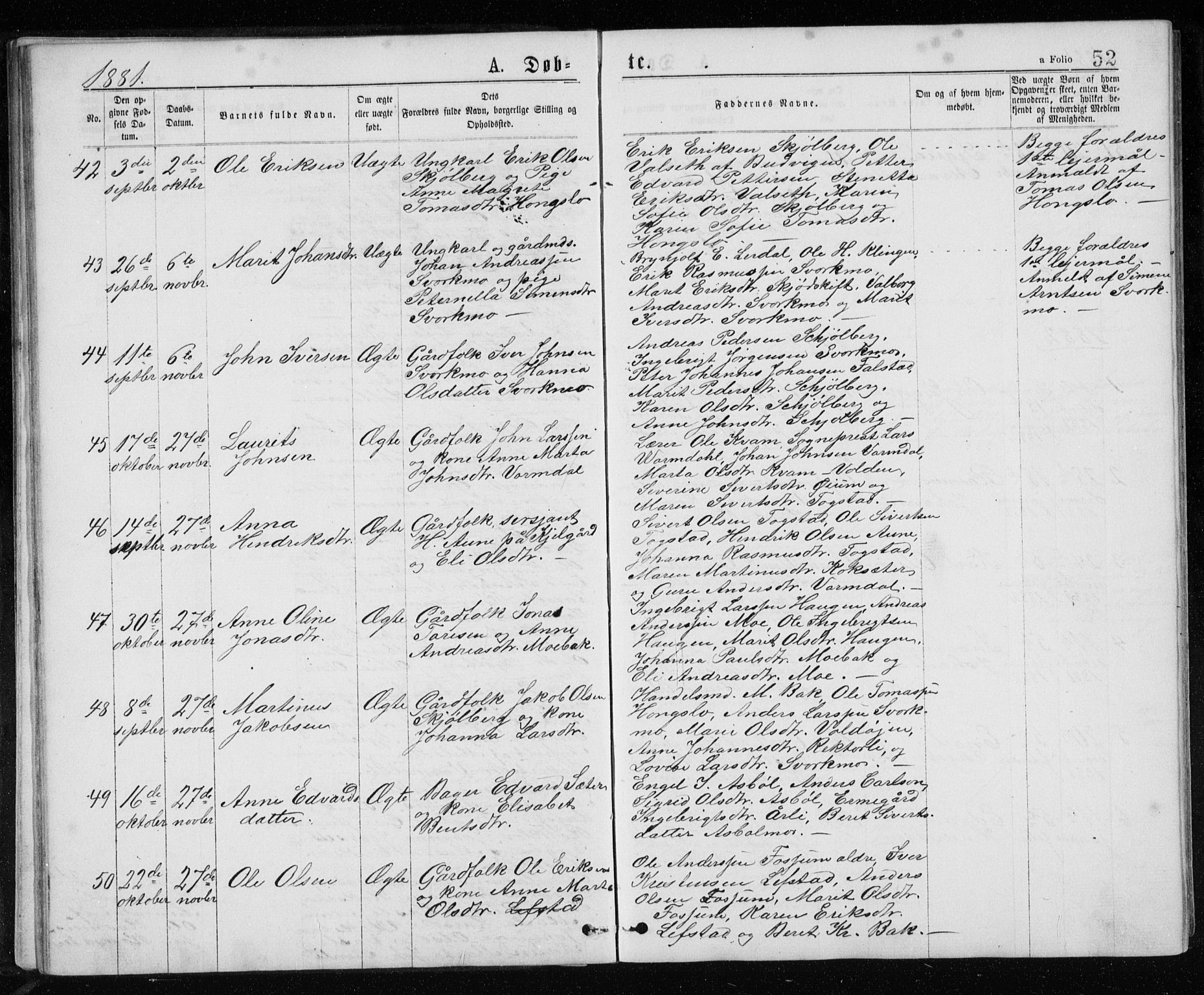 Ministerialprotokoller, klokkerbøker og fødselsregistre - Sør-Trøndelag, SAT/A-1456/671/L0843: Parish register (copy) no. 671C02, 1873-1892, p. 52