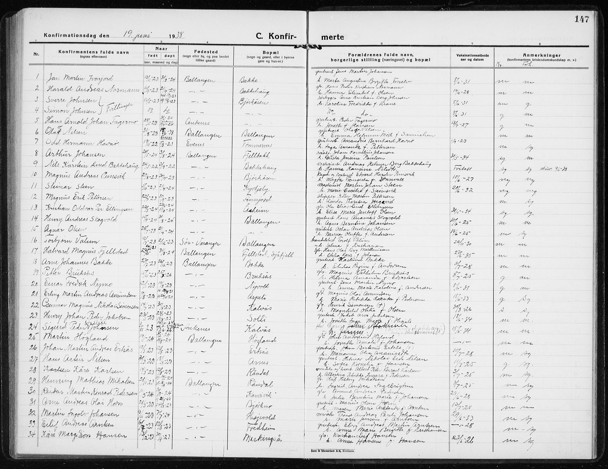 Ministerialprotokoller, klokkerbøker og fødselsregistre - Nordland, AV/SAT-A-1459/869/L0975: Parish register (copy) no. 869C01, 1923-1939, p. 147