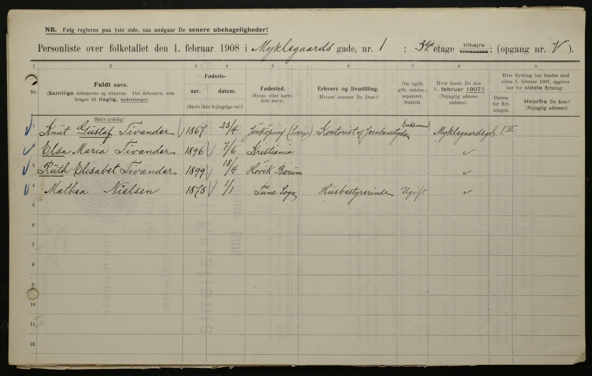 OBA, Municipal Census 1908 for Kristiania, 1908, p. 61078