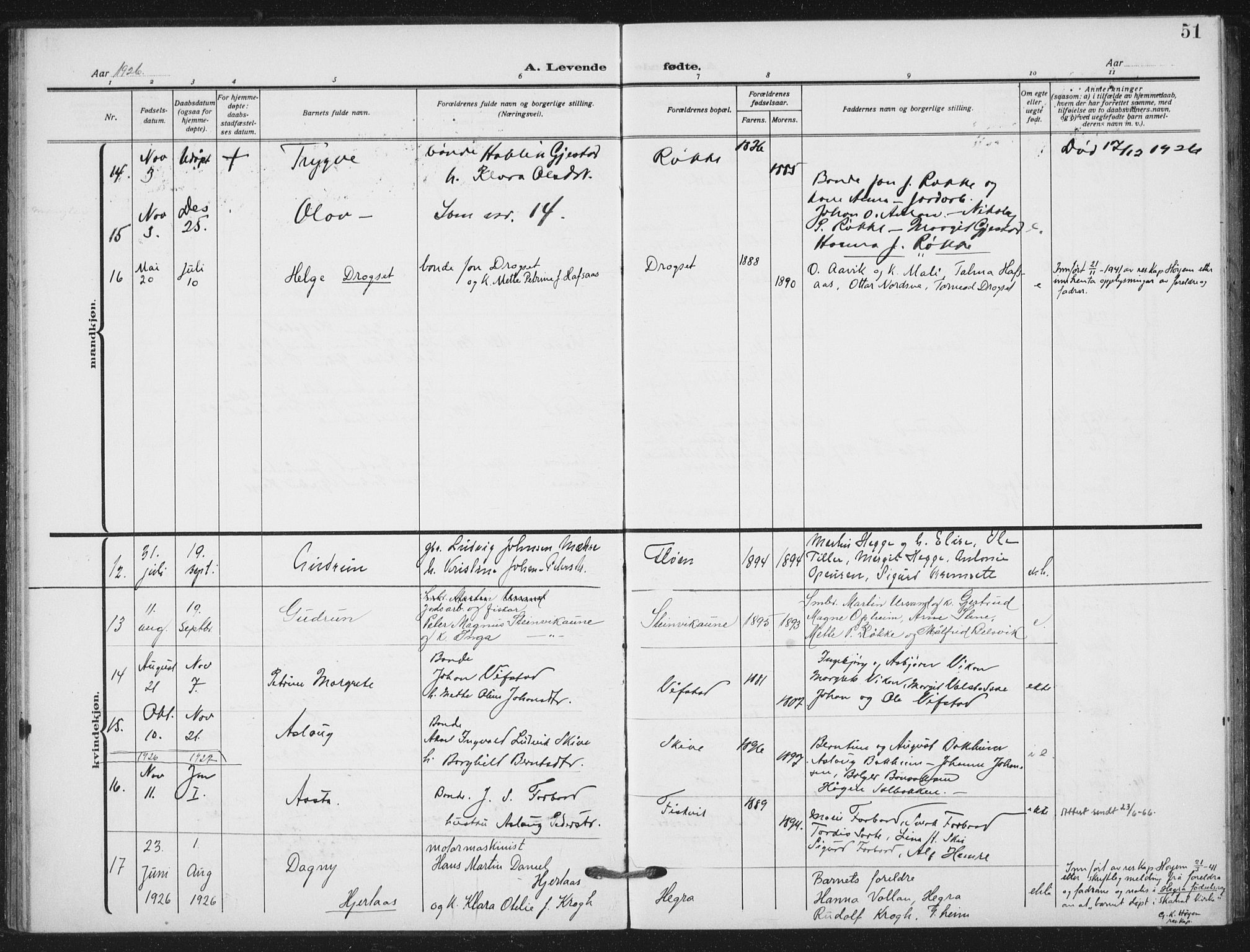 Ministerialprotokoller, klokkerbøker og fødselsregistre - Nord-Trøndelag, AV/SAT-A-1458/712/L0102: Parish register (official) no. 712A03, 1916-1929, p. 51