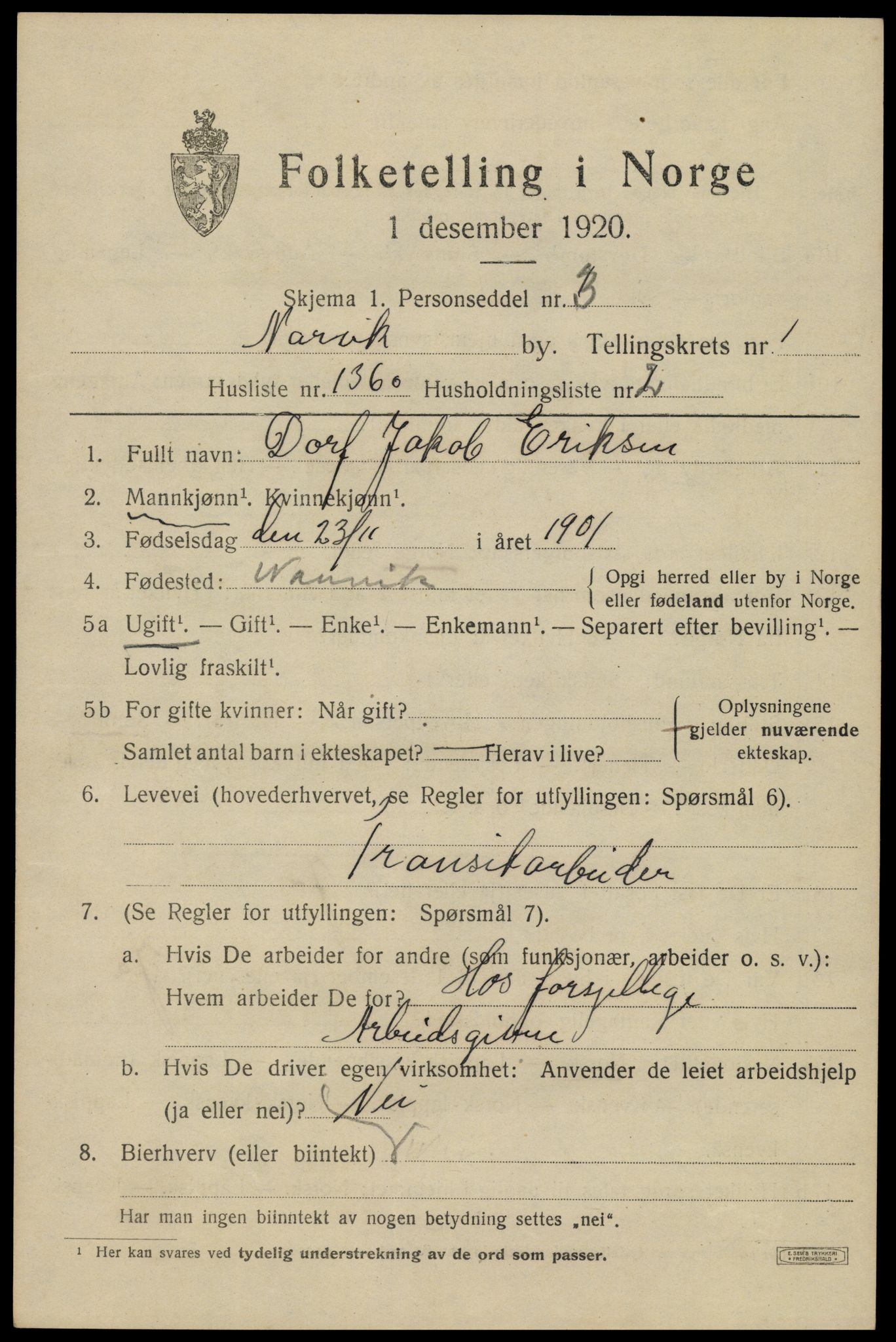 SAT, 1920 census for Narvik, 1920, p. 7514