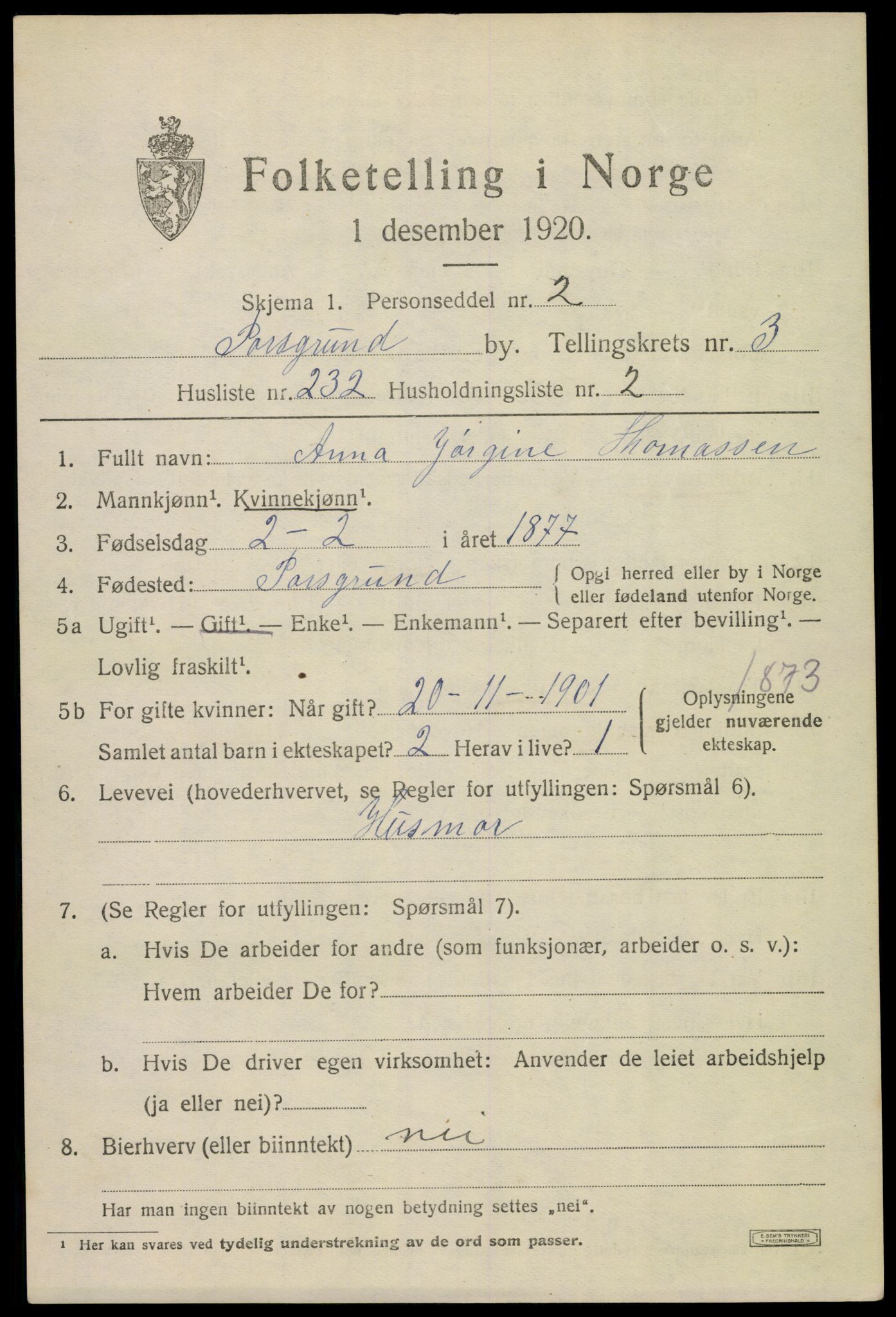 SAKO, 1920 census for Porsgrunn, 1920, p. 17371