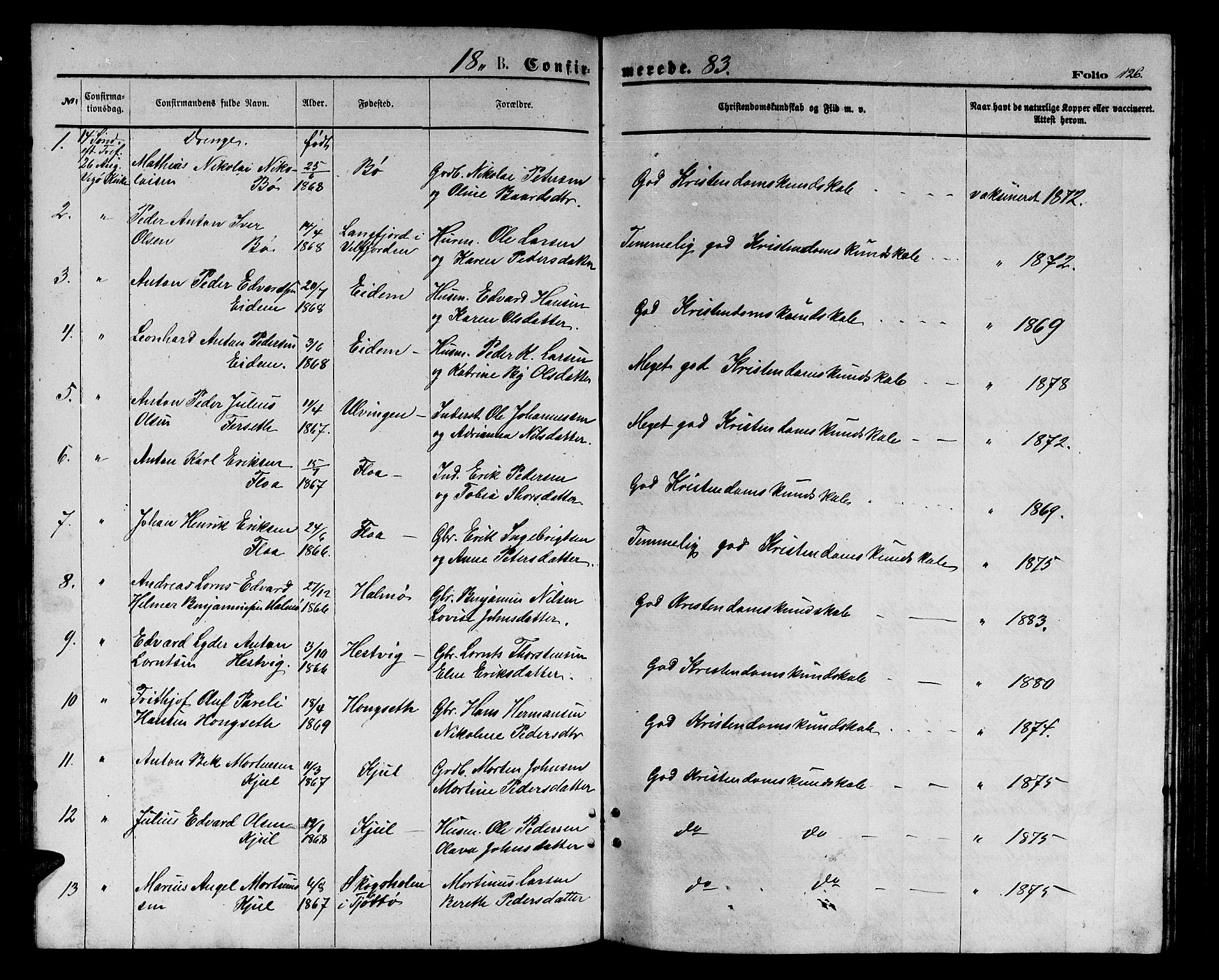 Ministerialprotokoller, klokkerbøker og fødselsregistre - Nordland, AV/SAT-A-1459/816/L0252: Parish register (copy) no. 816C02, 1871-1885, p. 126