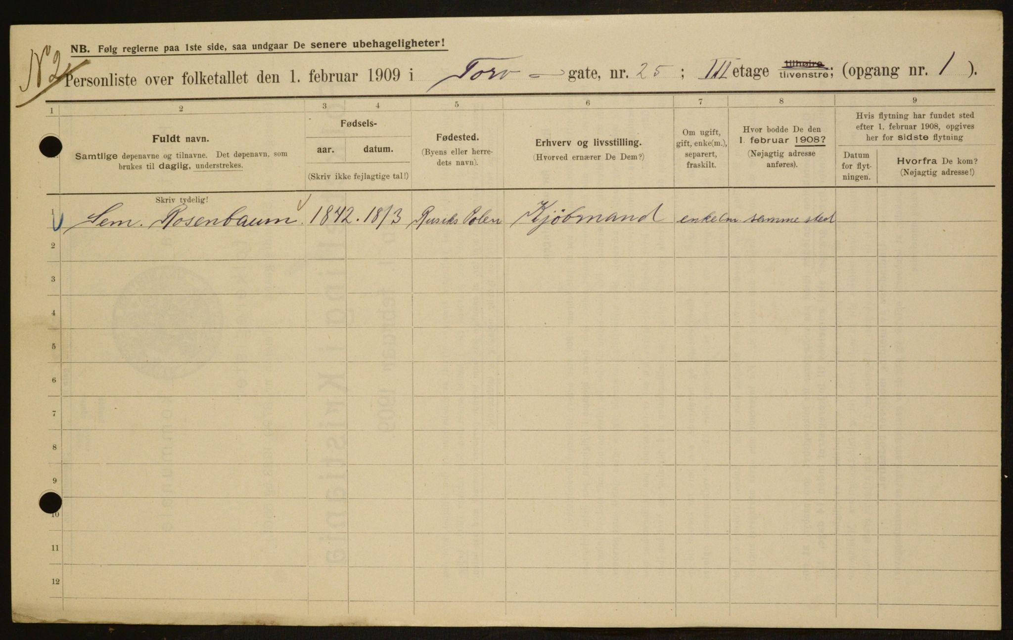 OBA, Municipal Census 1909 for Kristiania, 1909, p. 103522
