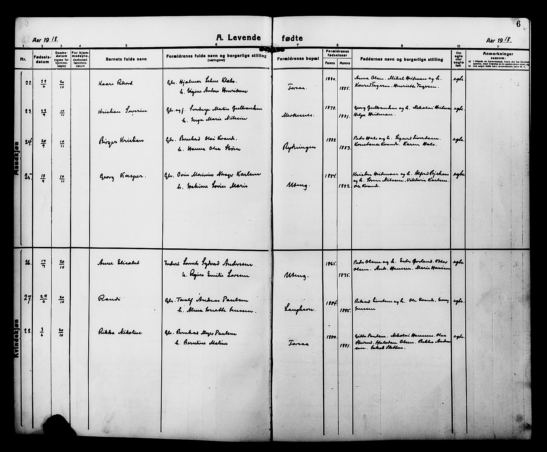 Tranøy sokneprestkontor, SATØ/S-1313/I/Ia/Iab/L0015klokker: Parish register (copy) no. 15, 1918-1930, p. 6