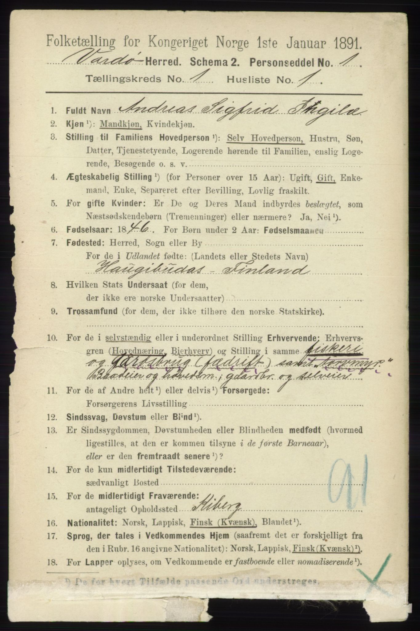 RA, 1891 census for 2028 Vardø, 1891, p. 44