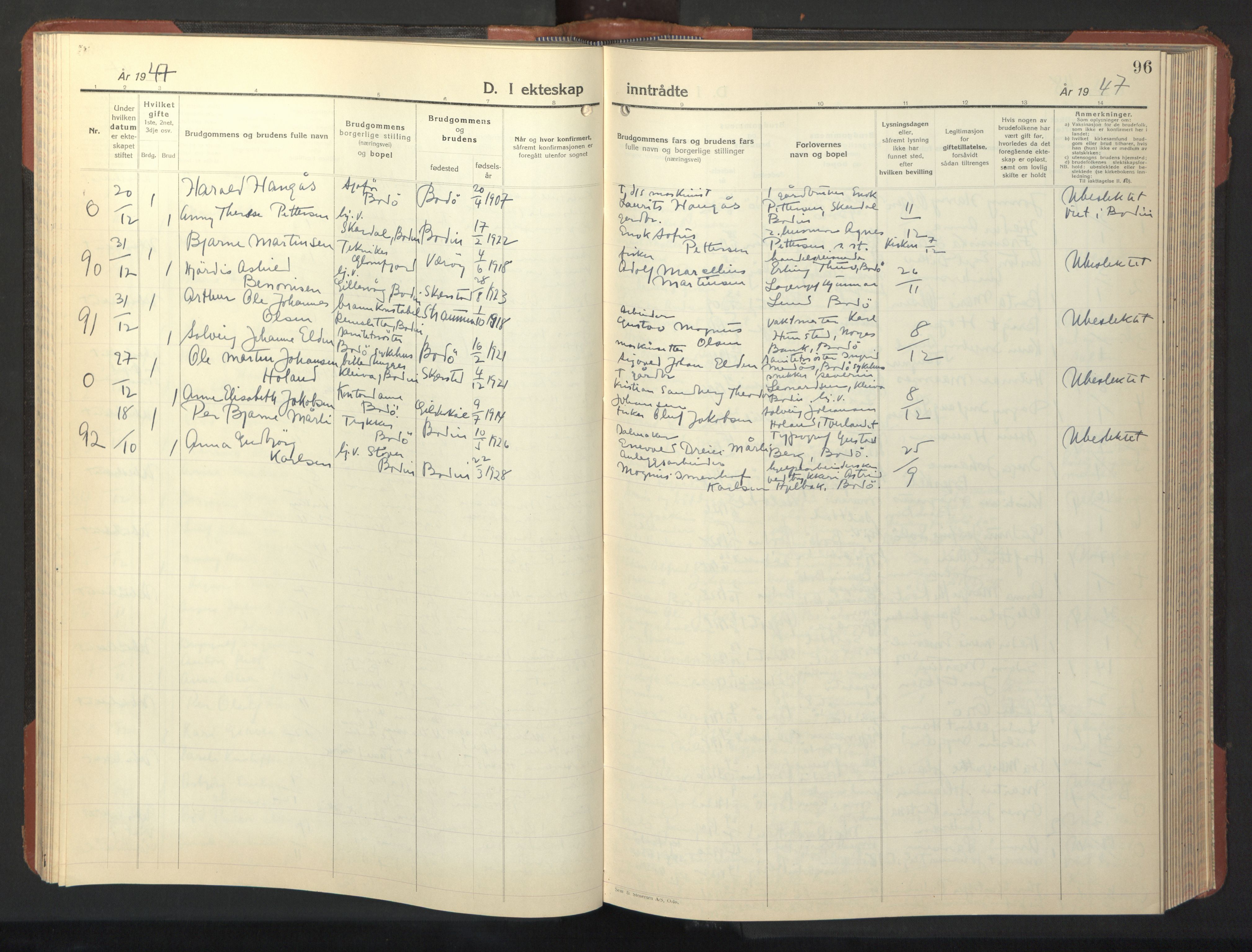 Ministerialprotokoller, klokkerbøker og fødselsregistre - Nordland, AV/SAT-A-1459/801/L0038: Parish register (copy) no. 801C13, 1935-1951, p. 96