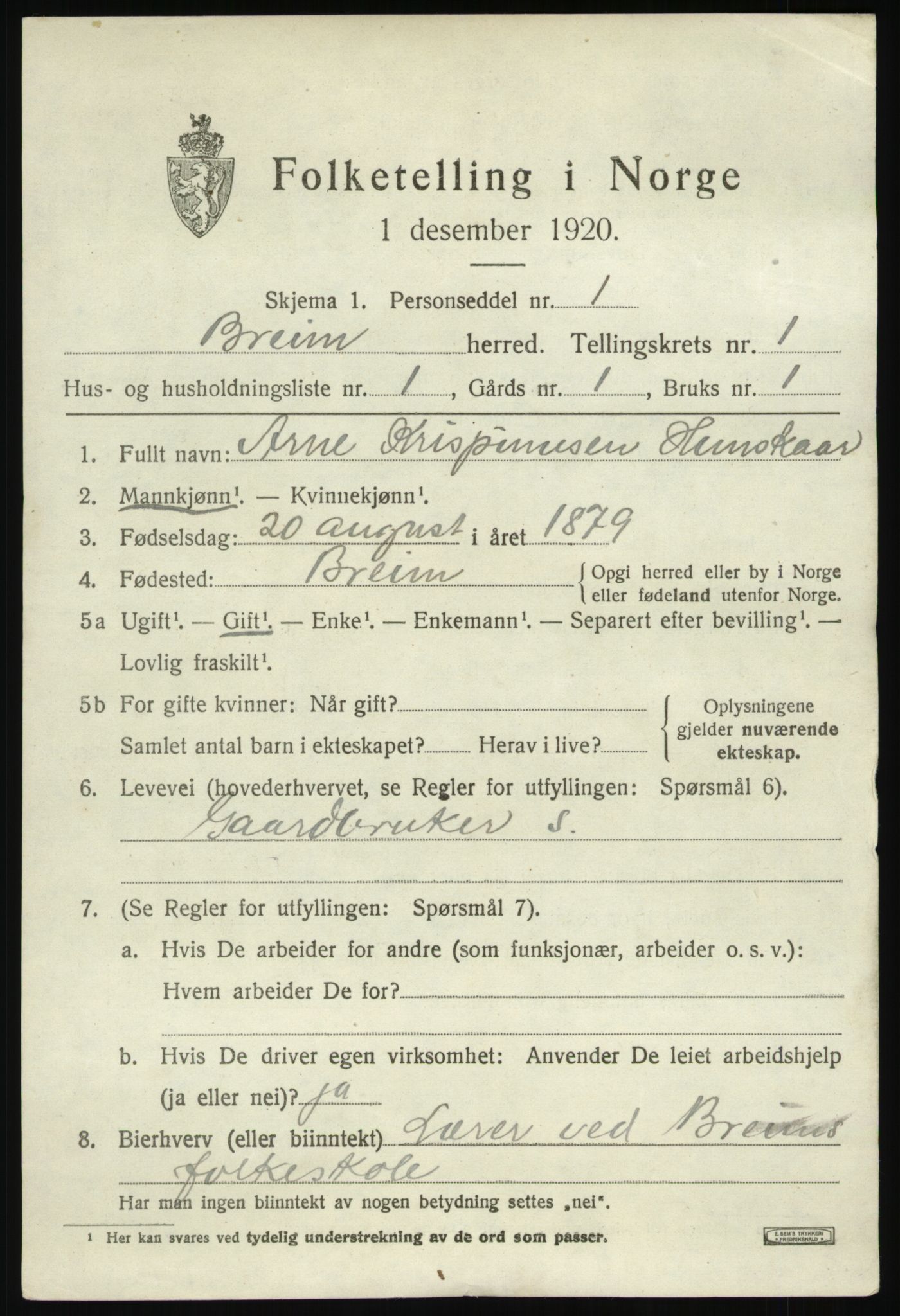 SAB, 1920 census for Breim, 1920, p. 637