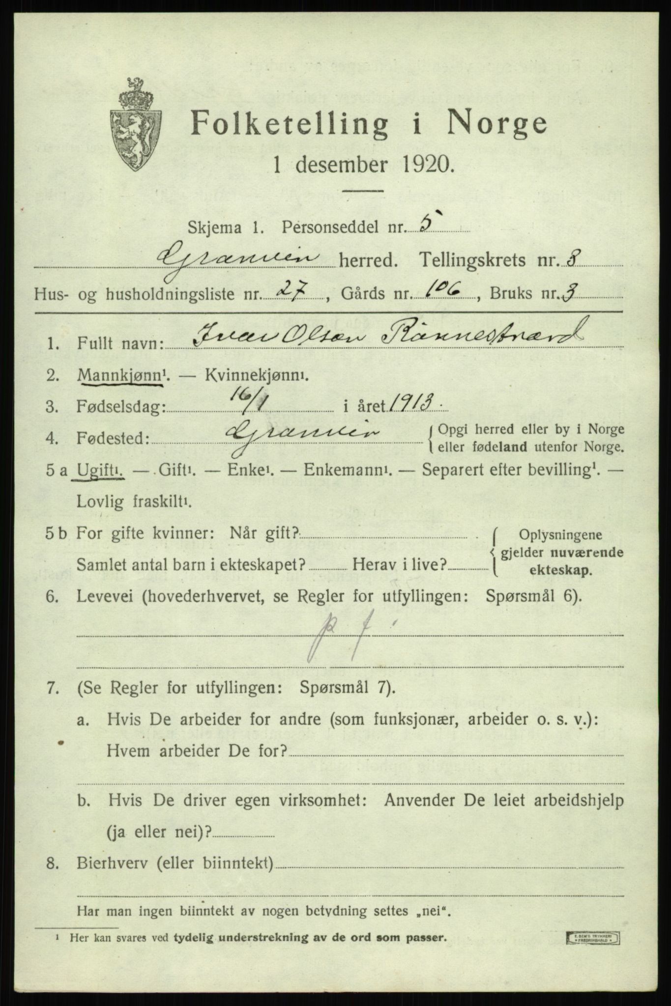 SAB, 1920 census for Granvin, 1920, p. 1448