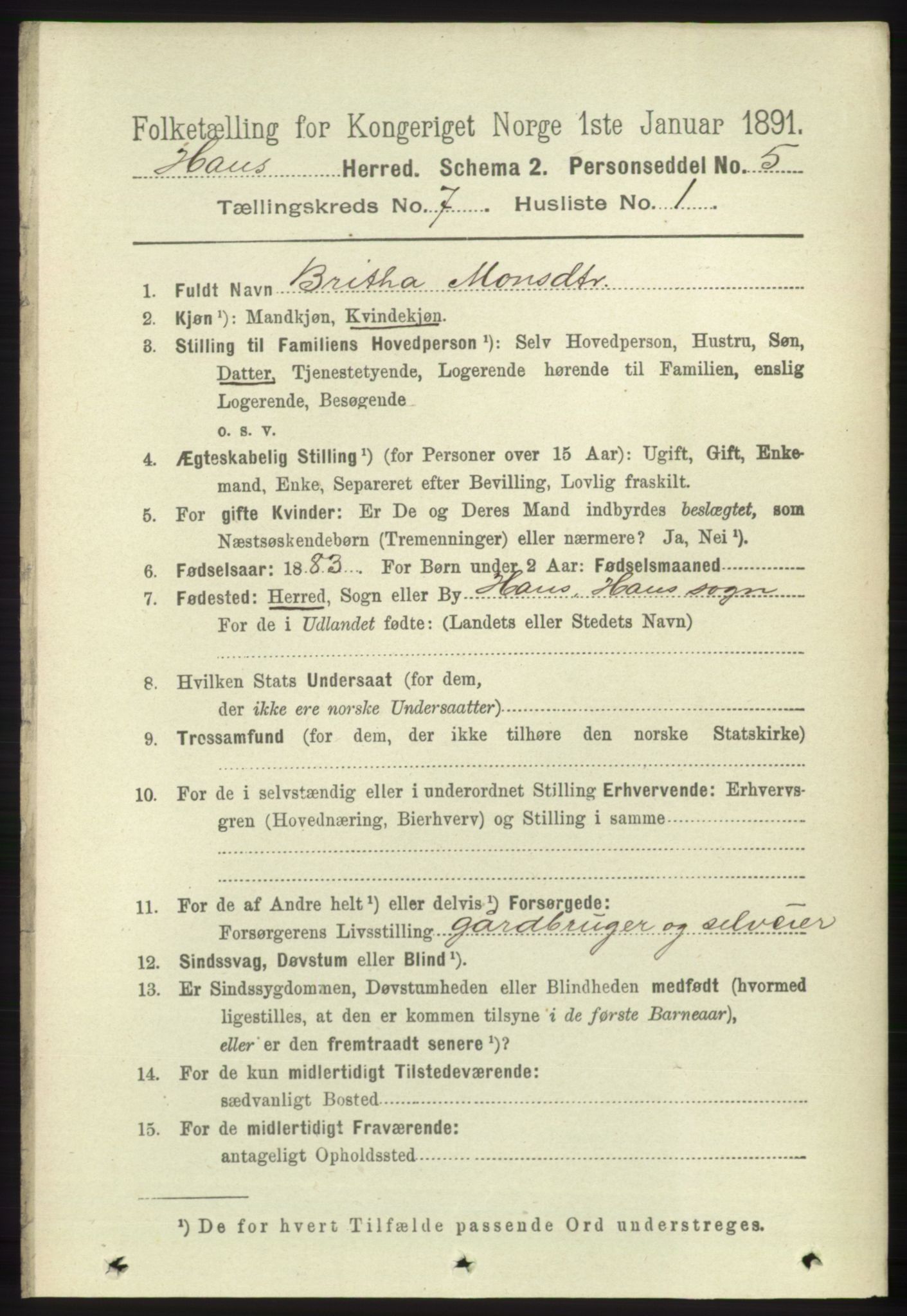 RA, 1891 census for 1250 Haus, 1891, p. 2654