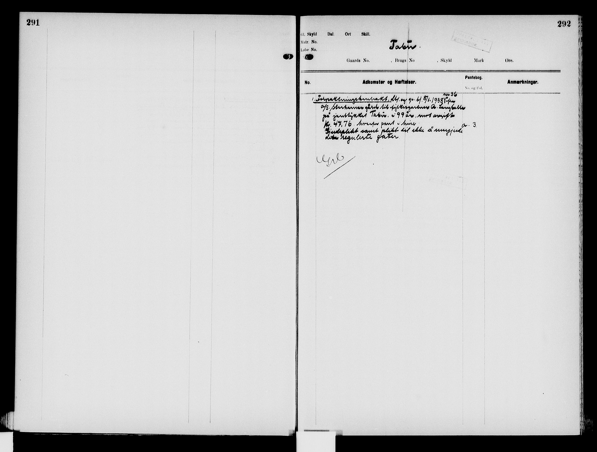 Nord-Hedmark sorenskriveri, SAH/TING-012/H/Ha/Had/Hade/L0008: Mortgage register no. 4.8, 1923-1940, p. 291-292