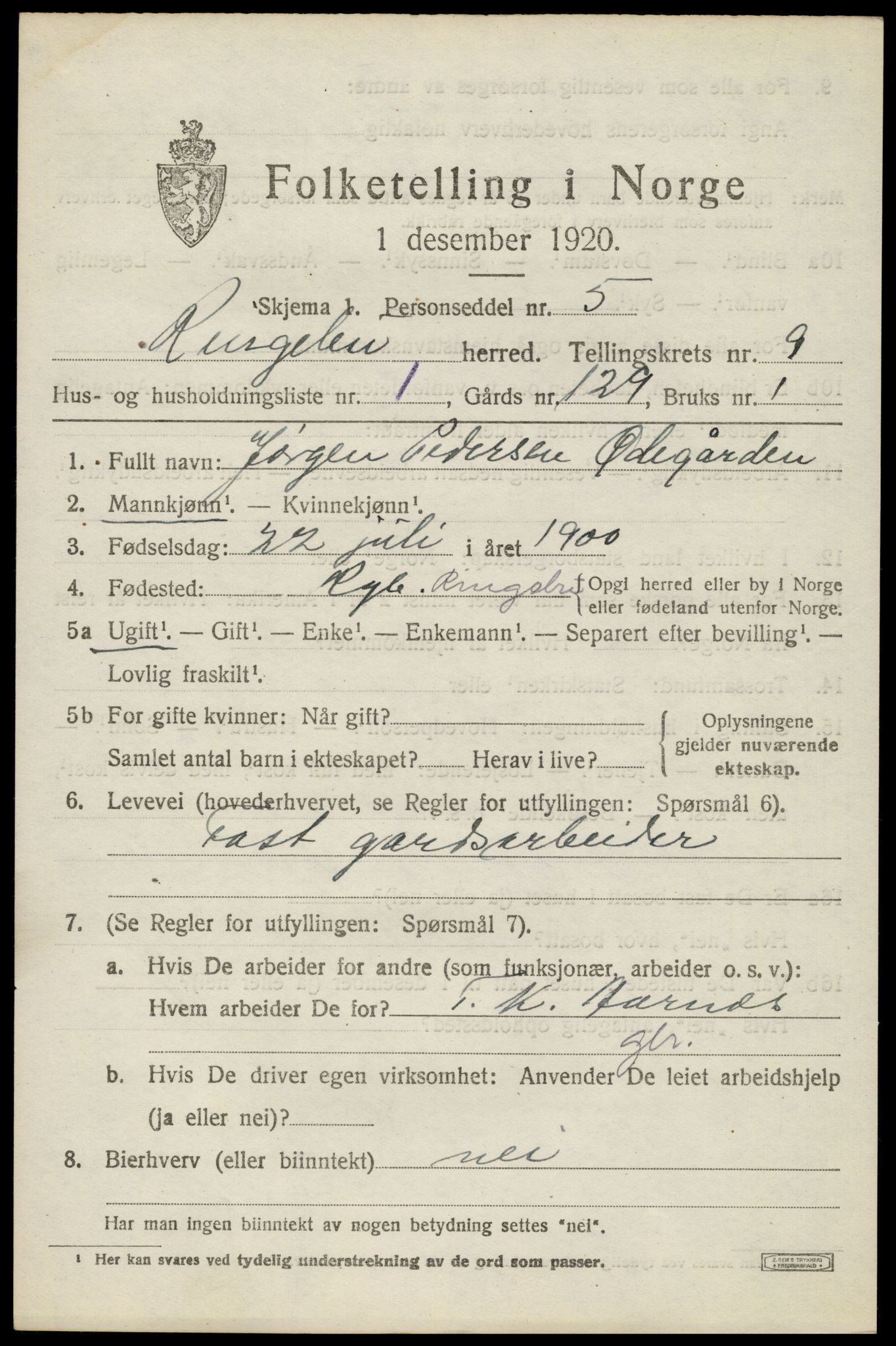 SAH, 1920 census for Ringebu, 1920, p. 8257