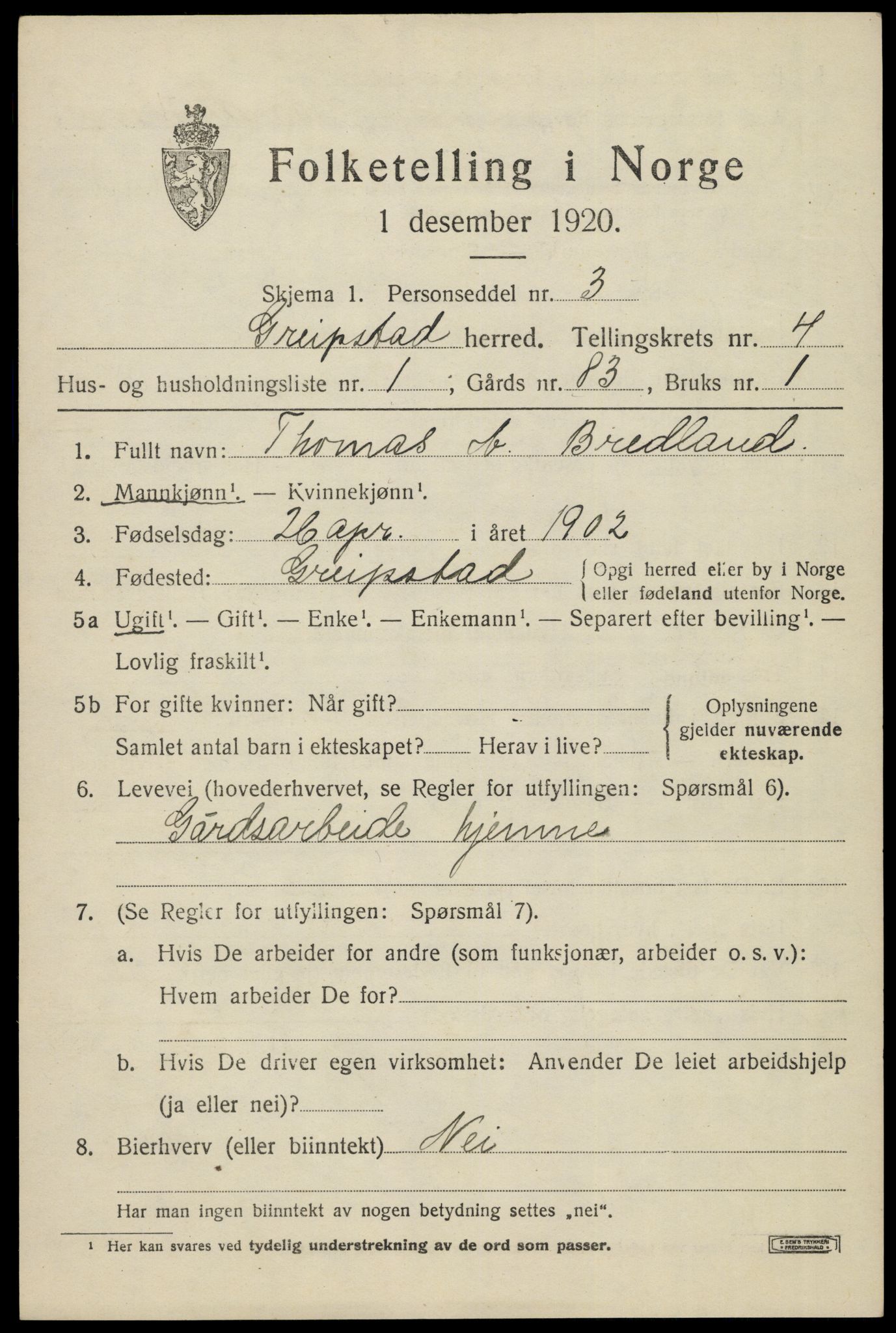 SAK, 1920 census for Greipstad, 1920, p. 1502