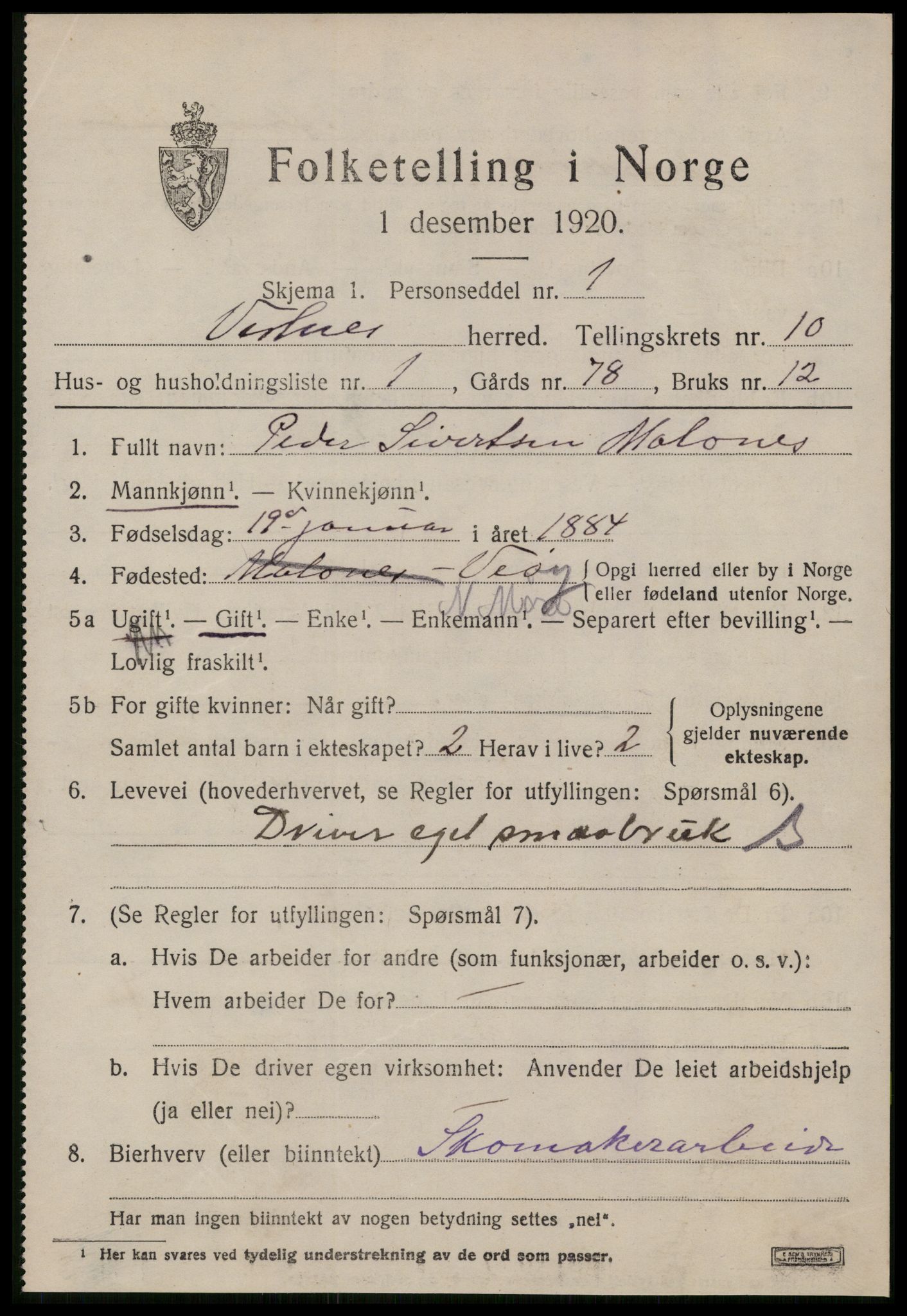 SAT, 1920 census for Vestnes, 1920, p. 6491