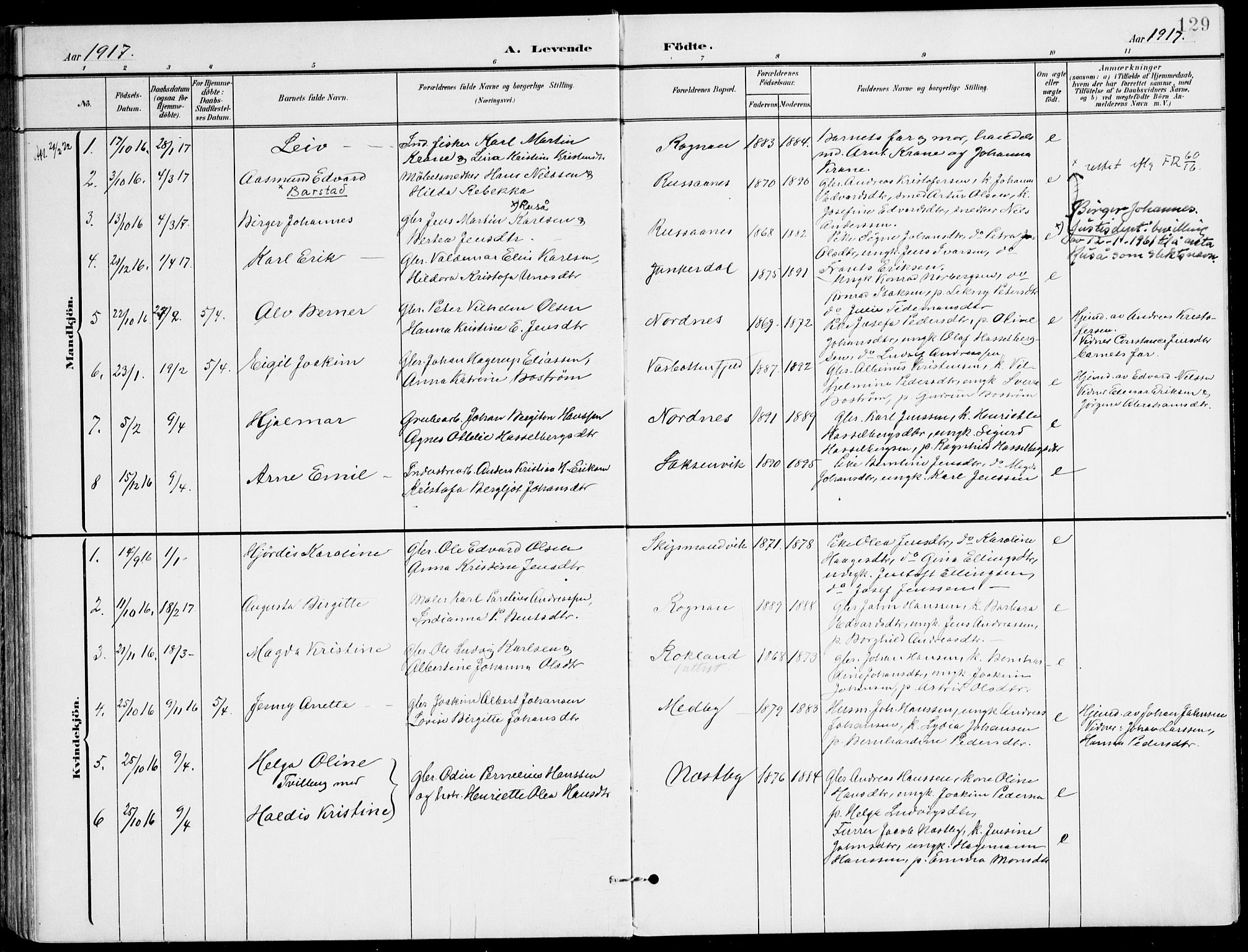 Ministerialprotokoller, klokkerbøker og fødselsregistre - Nordland, AV/SAT-A-1459/847/L0672: Parish register (official) no. 847A12, 1902-1919, p. 129