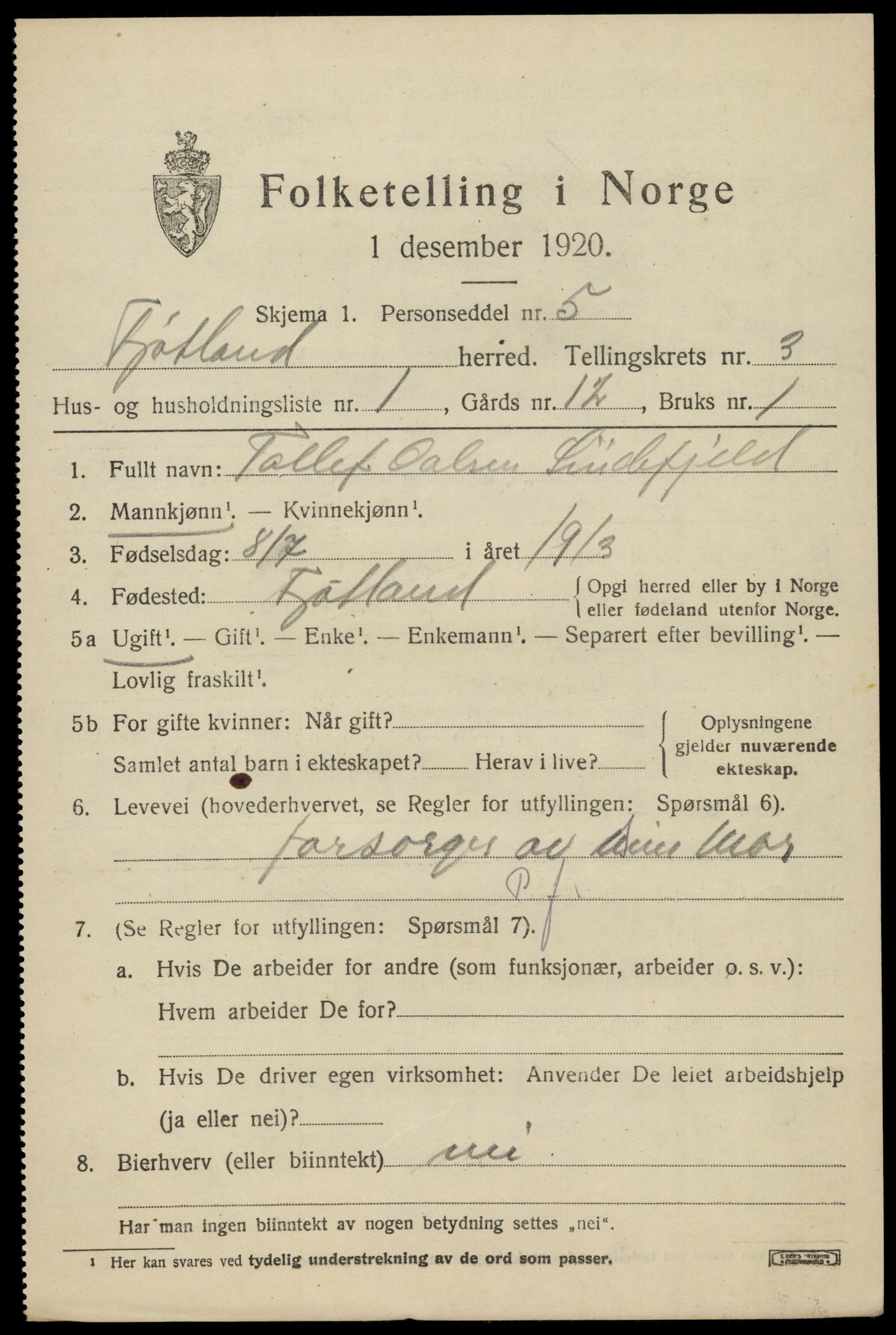 SAK, 1920 census for Fjotland, 1920, p. 938