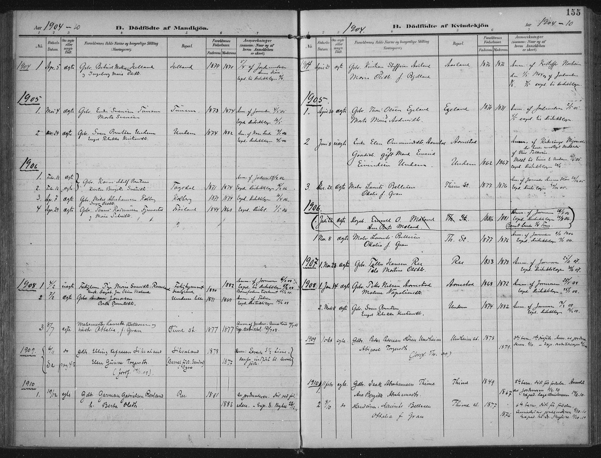 Lye sokneprestkontor, SAST/A-101794/002/A/L0001: Parish register (official) no. A 12, 1904-1920, p. 155