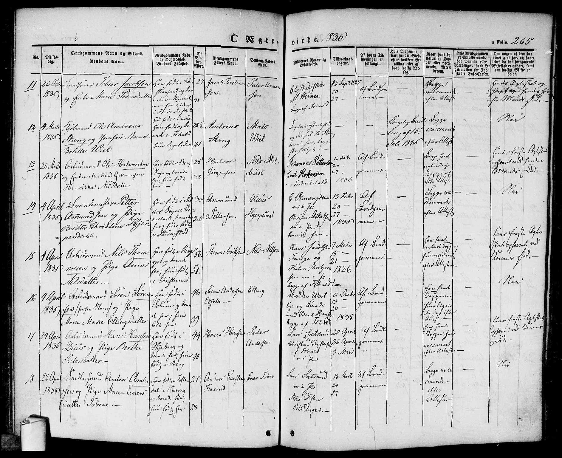 Halden prestekontor Kirkebøker, AV/SAO-A-10909/F/Fa/L0005: Parish register (official) no. I 5, 1834-1845, p. 265