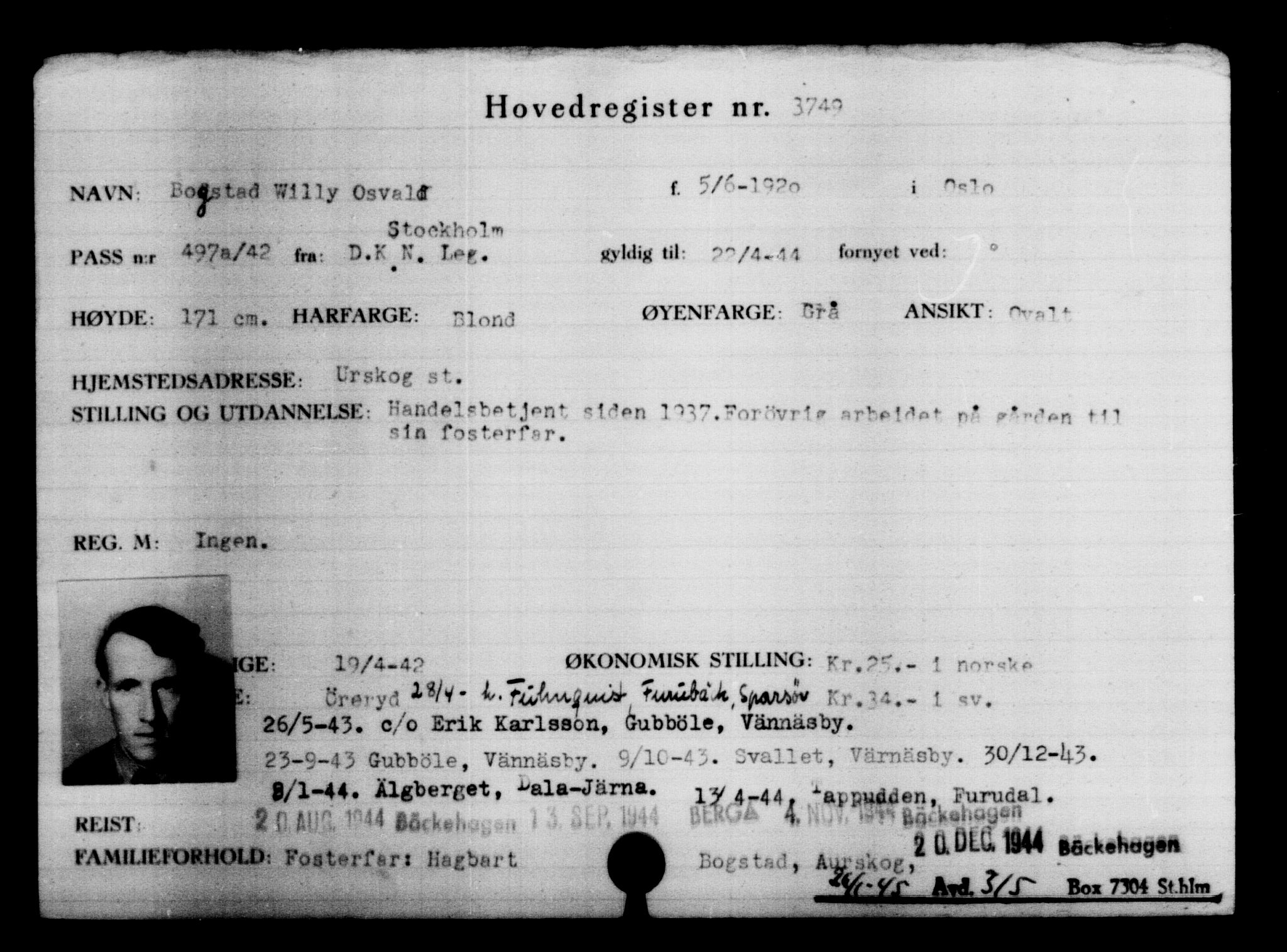 Utenriksstasjonene, Legasjonen i Stockholm, Flyktningkontoret, AV/RA-S-6753/V/Va/L0004: Kjesäterkartoteket, flyktninger med registreringsnr. 3496-6610, 1940-1945, p. 294