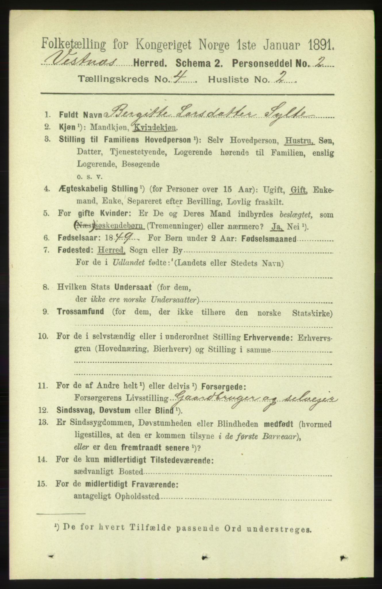 RA, 1891 census for 1535 Vestnes, 1891, p. 1307