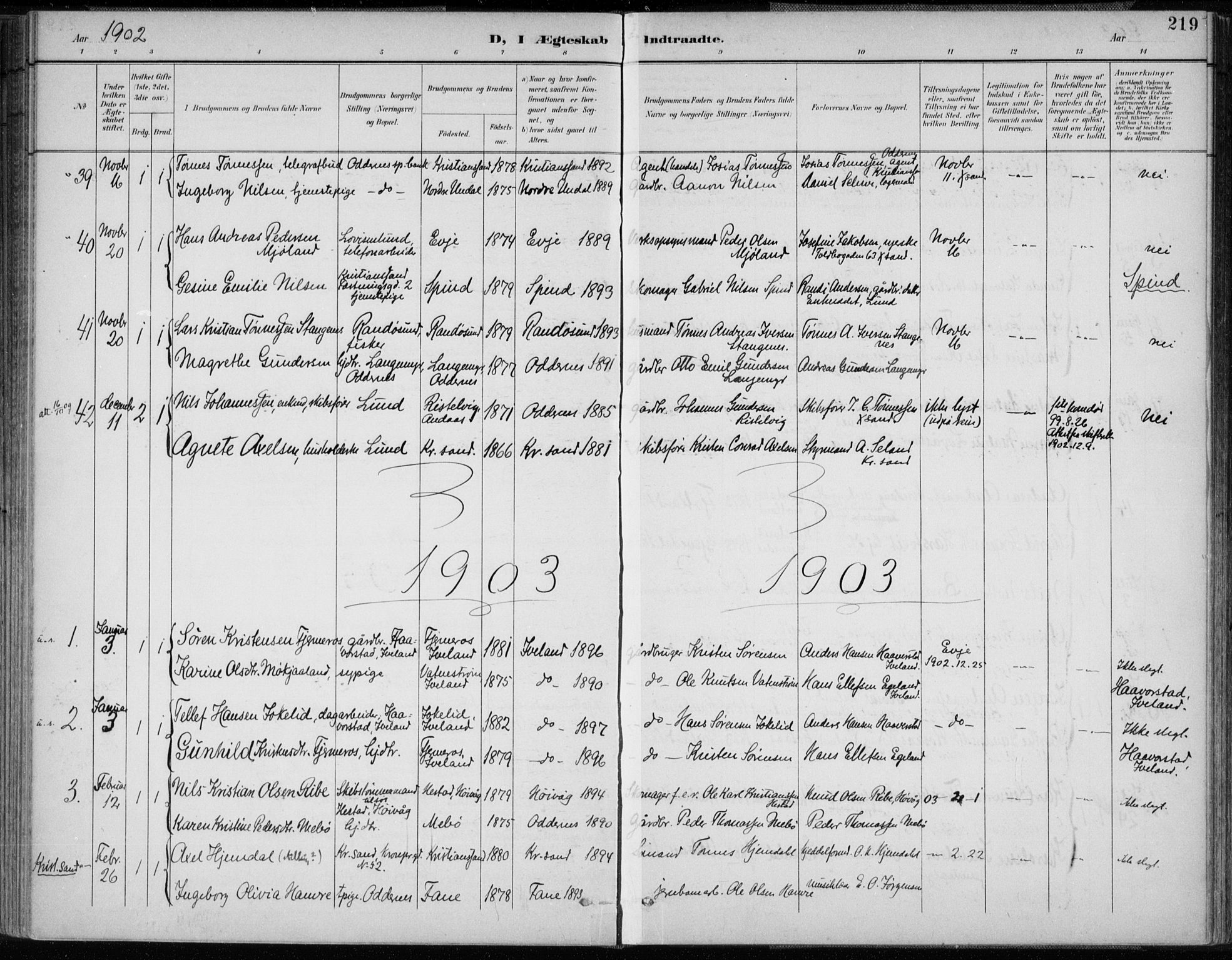 Oddernes sokneprestkontor, AV/SAK-1111-0033/F/Fa/Faa/L0010: Parish register (official) no. A 10, 1897-1911, p. 219