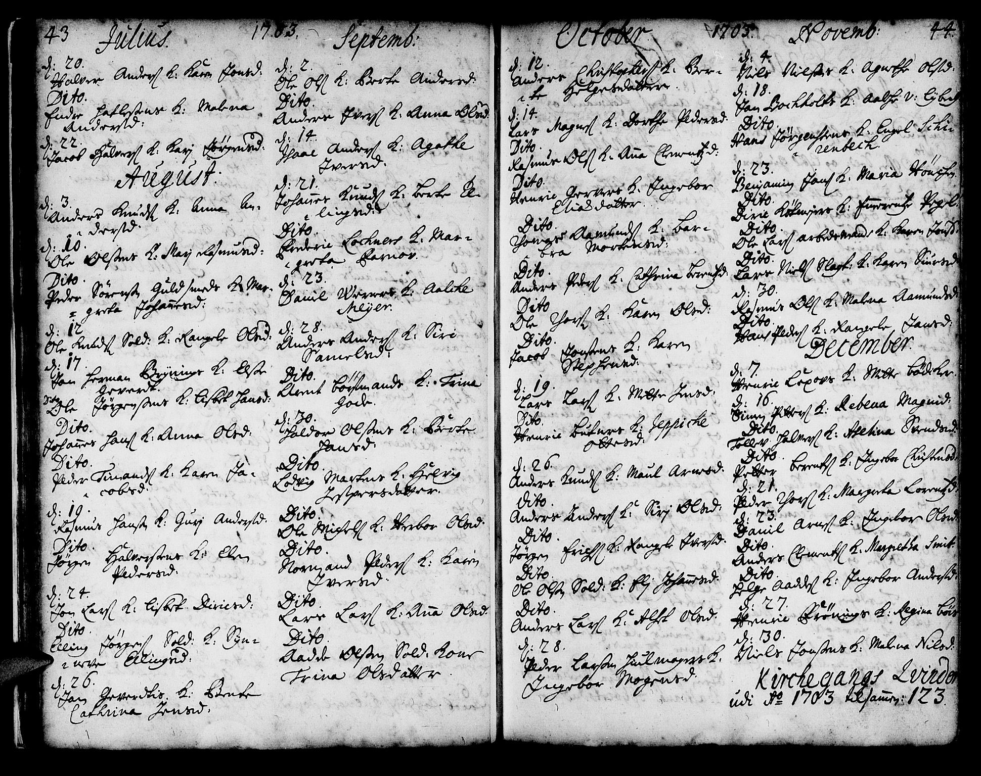 Korskirken sokneprestembete, AV/SAB-A-76101/H/Haa/L0008: Parish register (official) no. A 8, 1698-1747, p. 43-44