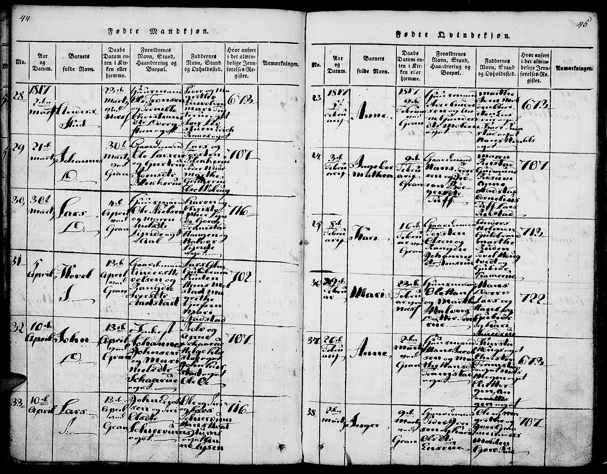 Gran prestekontor, AV/SAH-PREST-112/H/Ha/Haa/L0009: Parish register (official) no. 9, 1815-1824, p. 44-45