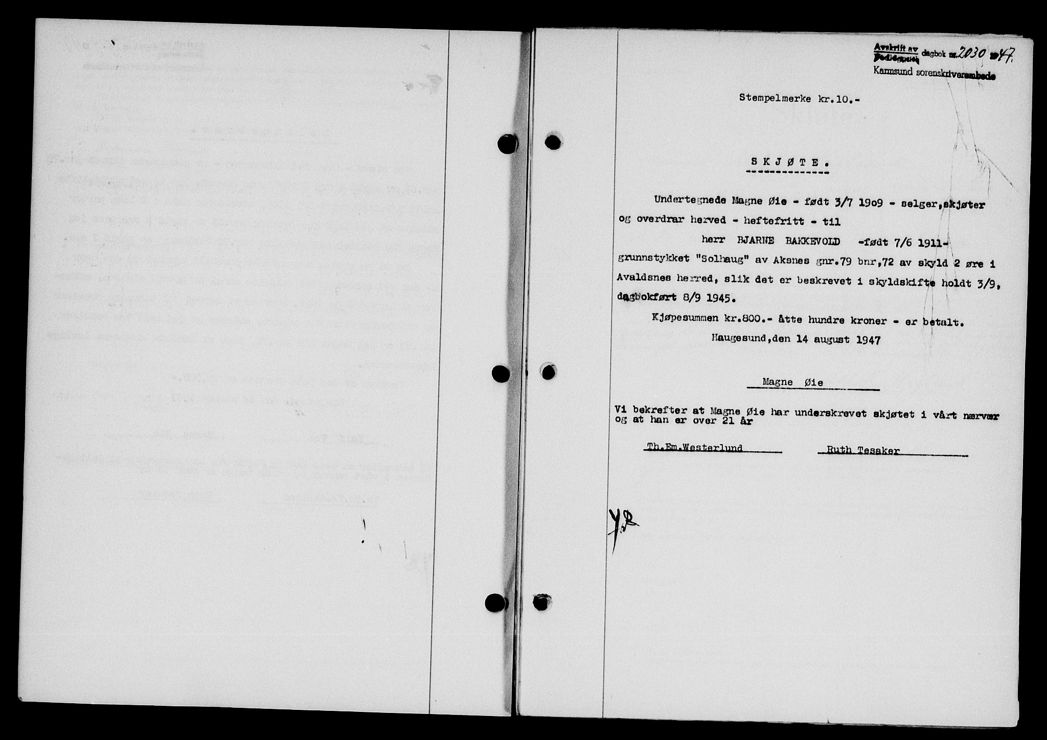 Karmsund sorenskriveri, SAST/A-100311/01/II/IIB/L0090: Mortgage book no. 70A, 1947-1947, Diary no: : 2030/1947