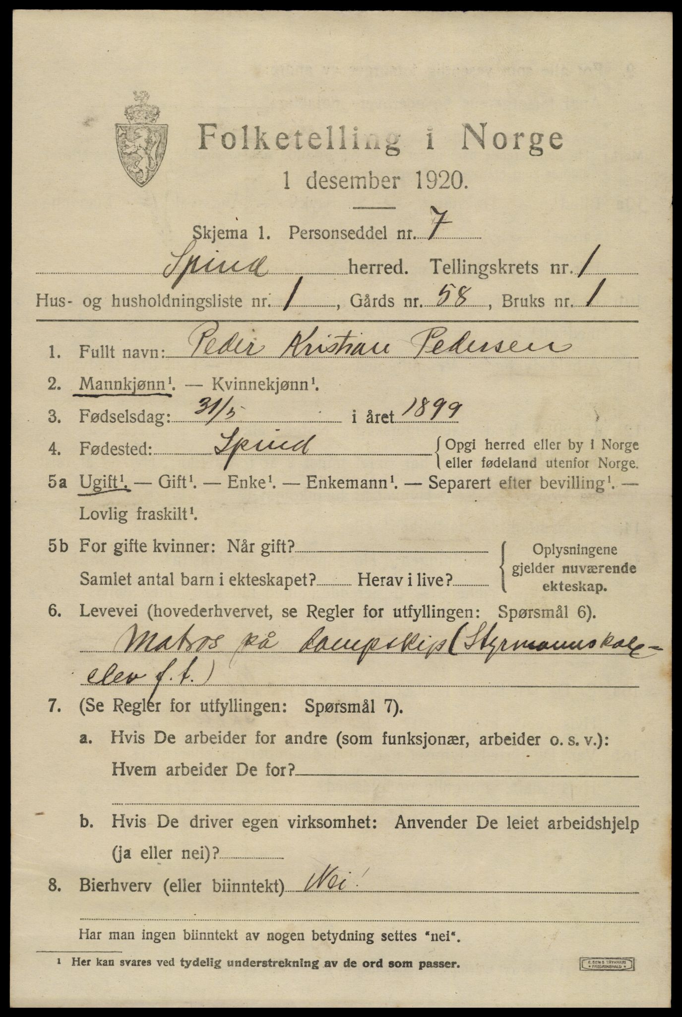 SAK, 1920 census for Spind, 1920, p. 579