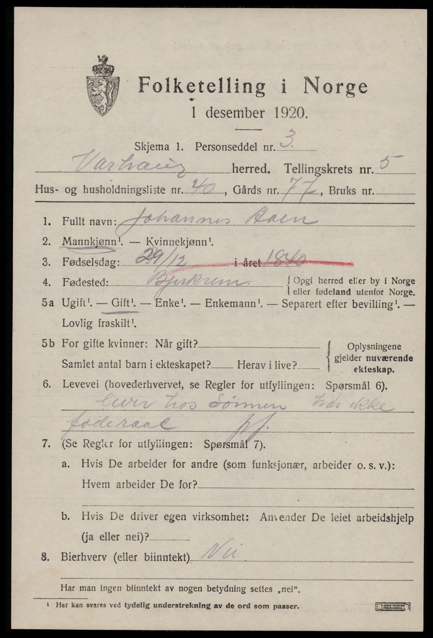 SAST, 1920 census for Varhaug, 1920, p. 4913