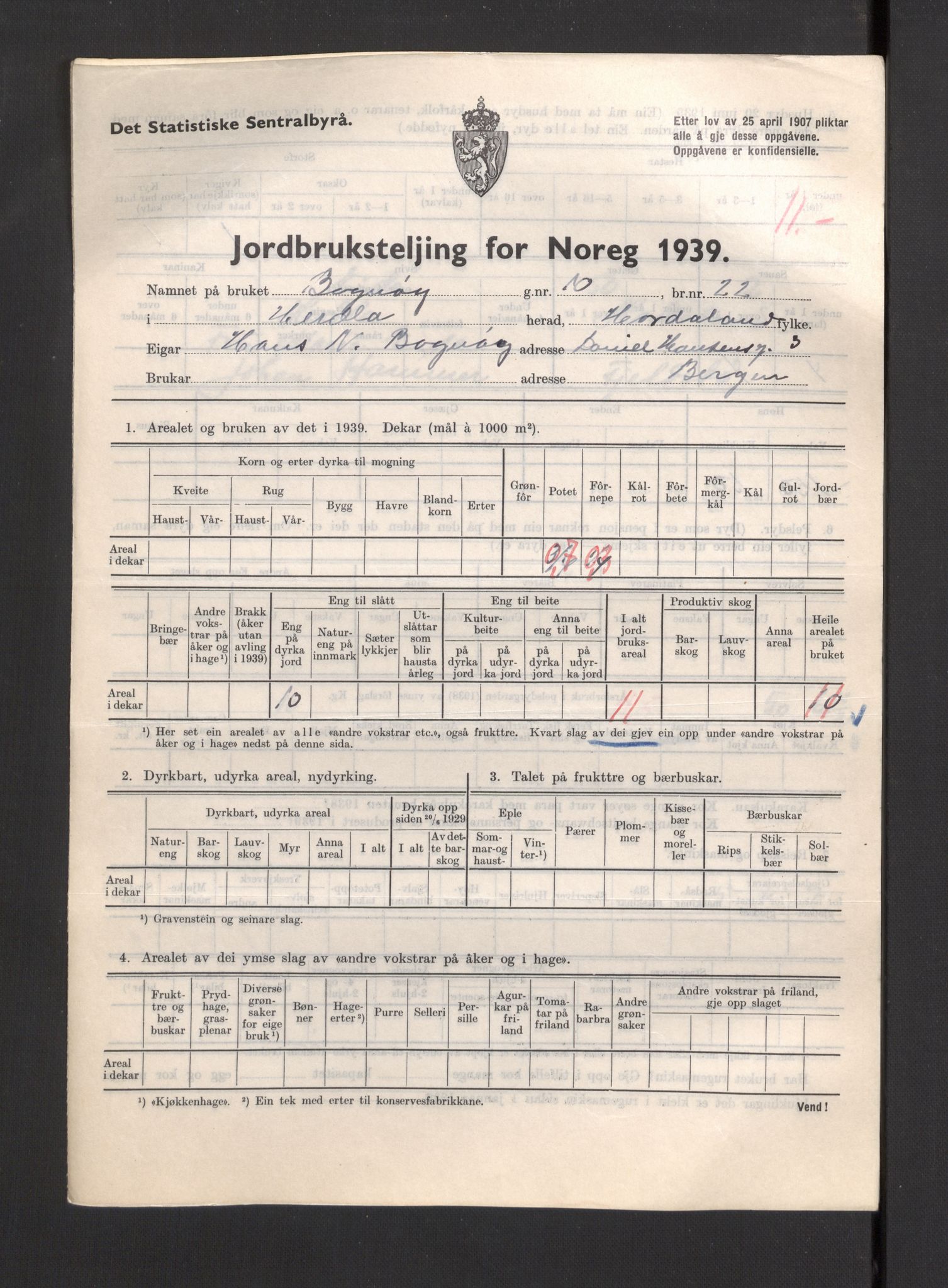 Statistisk sentralbyrå, Næringsøkonomiske emner, Jordbruk, skogbruk, jakt, fiske og fangst, AV/RA-S-2234/G/Gb/L0211: Hordaland: Herdla, Hjelme og Manger, 1939, p. 695